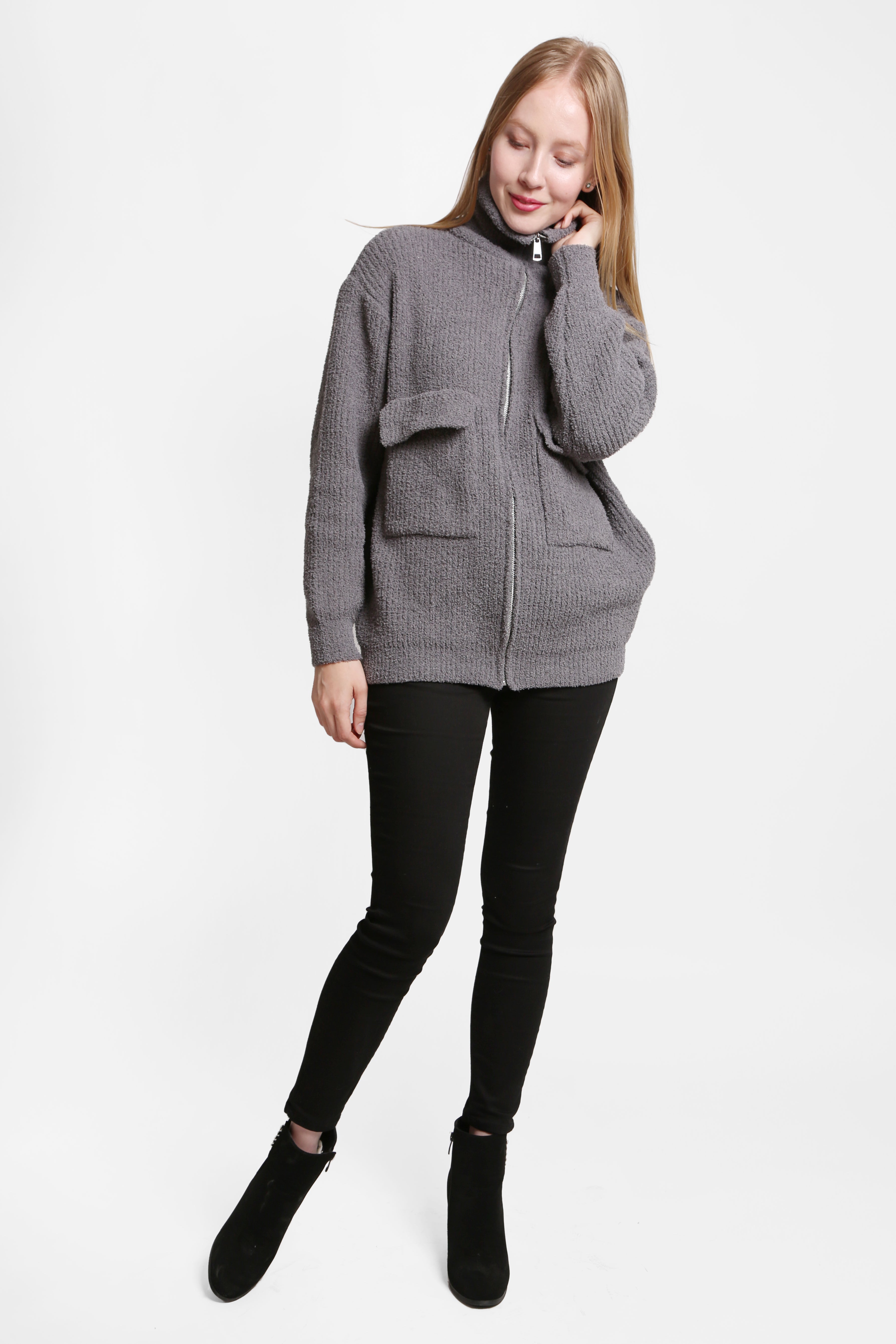 mySundaze Solid Ribbed Microfiber Sweater with Pockets and Zipper Closure