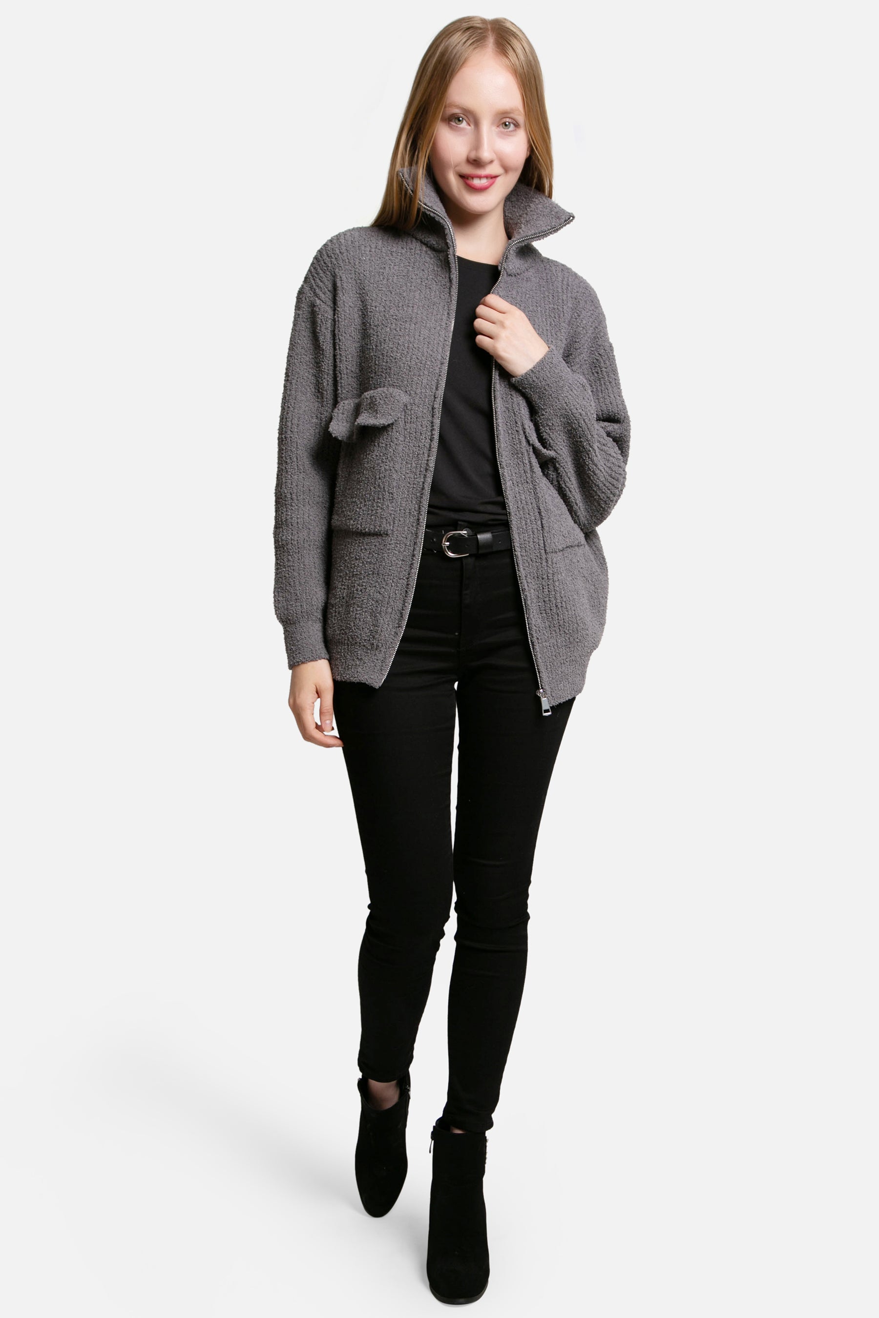 mySundaze Solid Ribbed Microfiber Sweater with Pockets and Zipper Closure