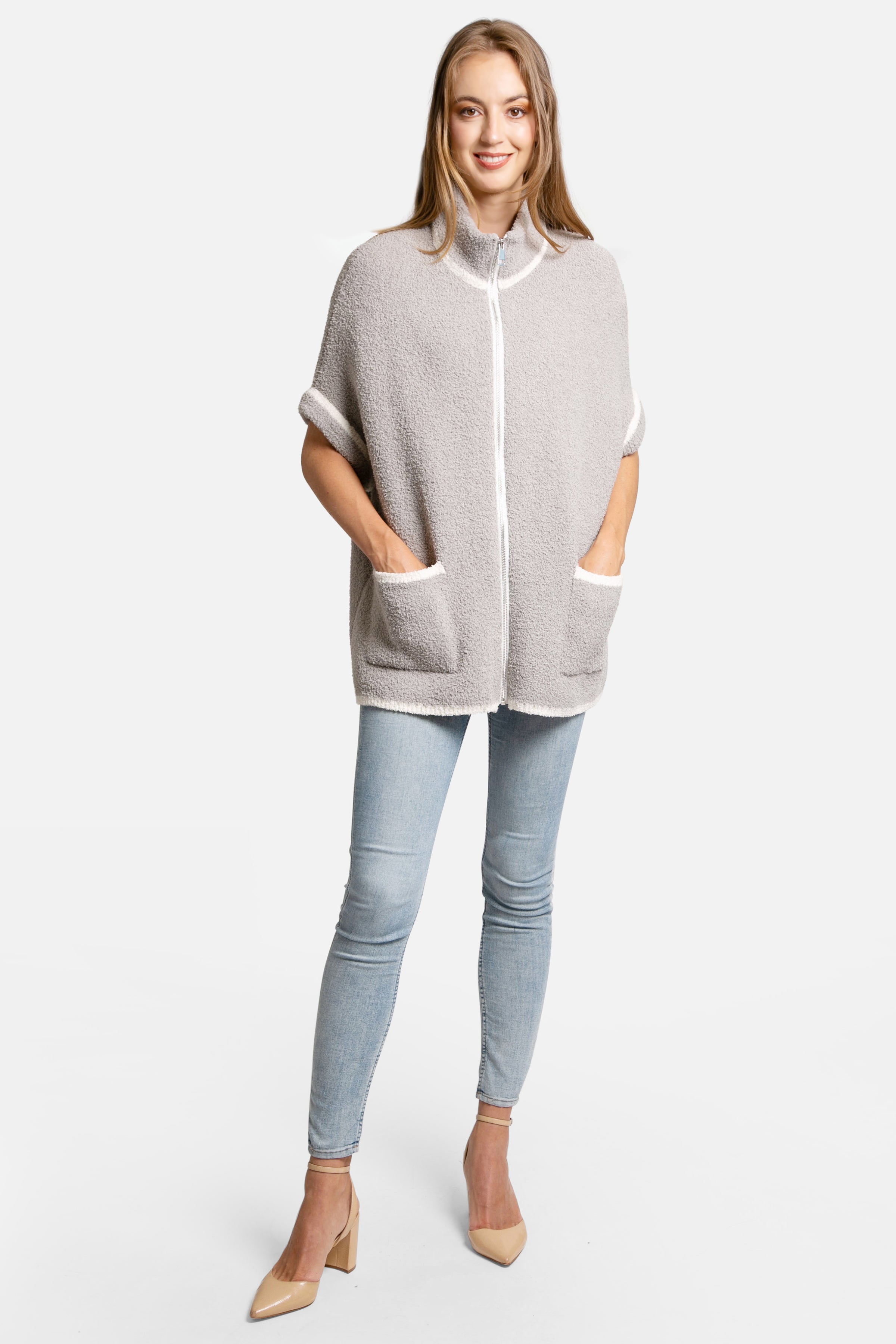 mySundaze Solid Microfiber 3/4 Sleeve Jacket with Pockets and Zipper Closure