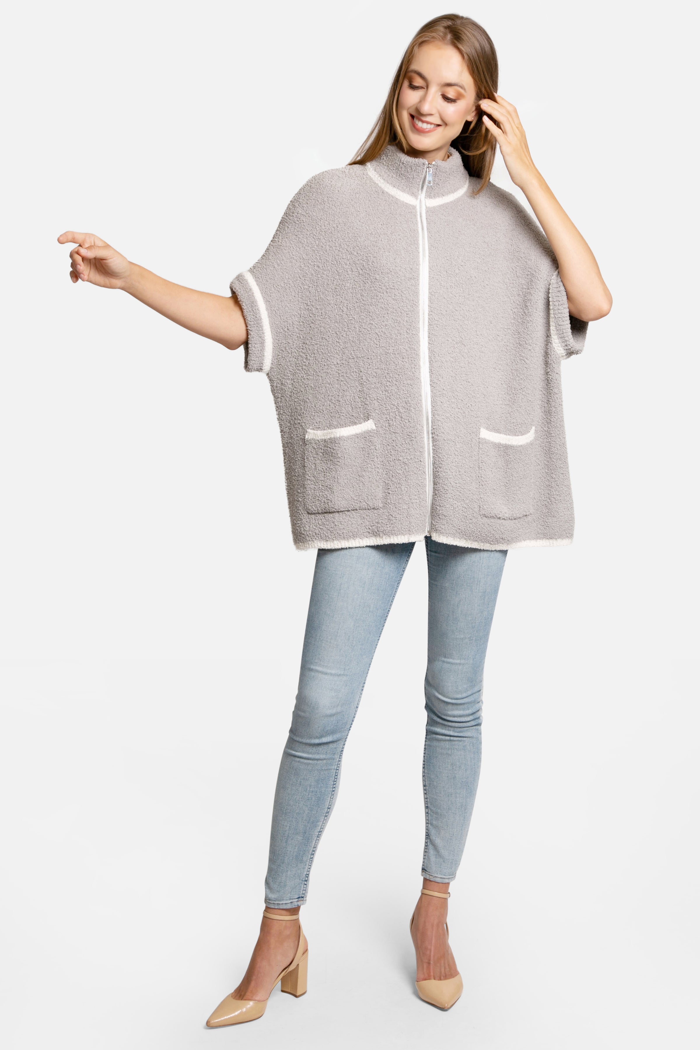 mySundaze Solid Microfiber 3/4 Sleeve Jacket with Pockets and Zipper Closure