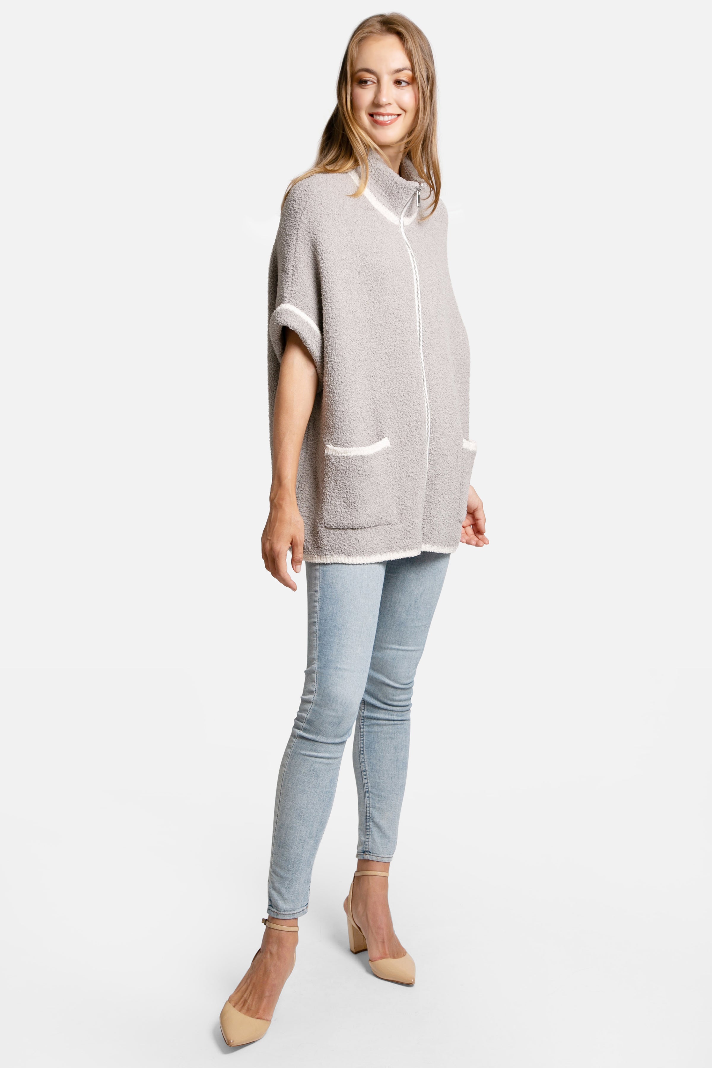mySundaze Solid Microfiber 3/4 Sleeve Jacket with Pockets and Zipper Closure