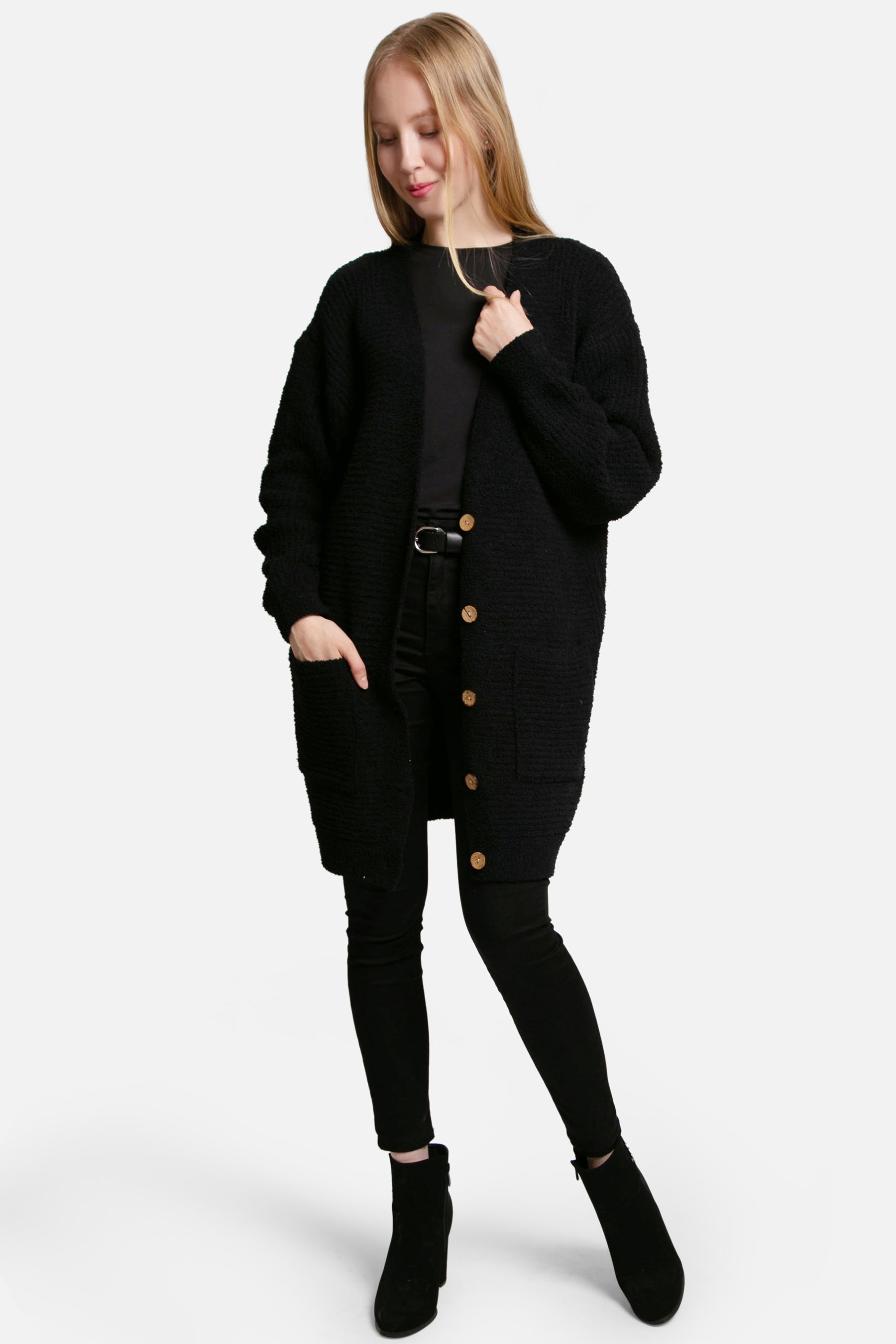 mySundaze Solid Color Microfiber Cardigan with Pockets and Button Closure