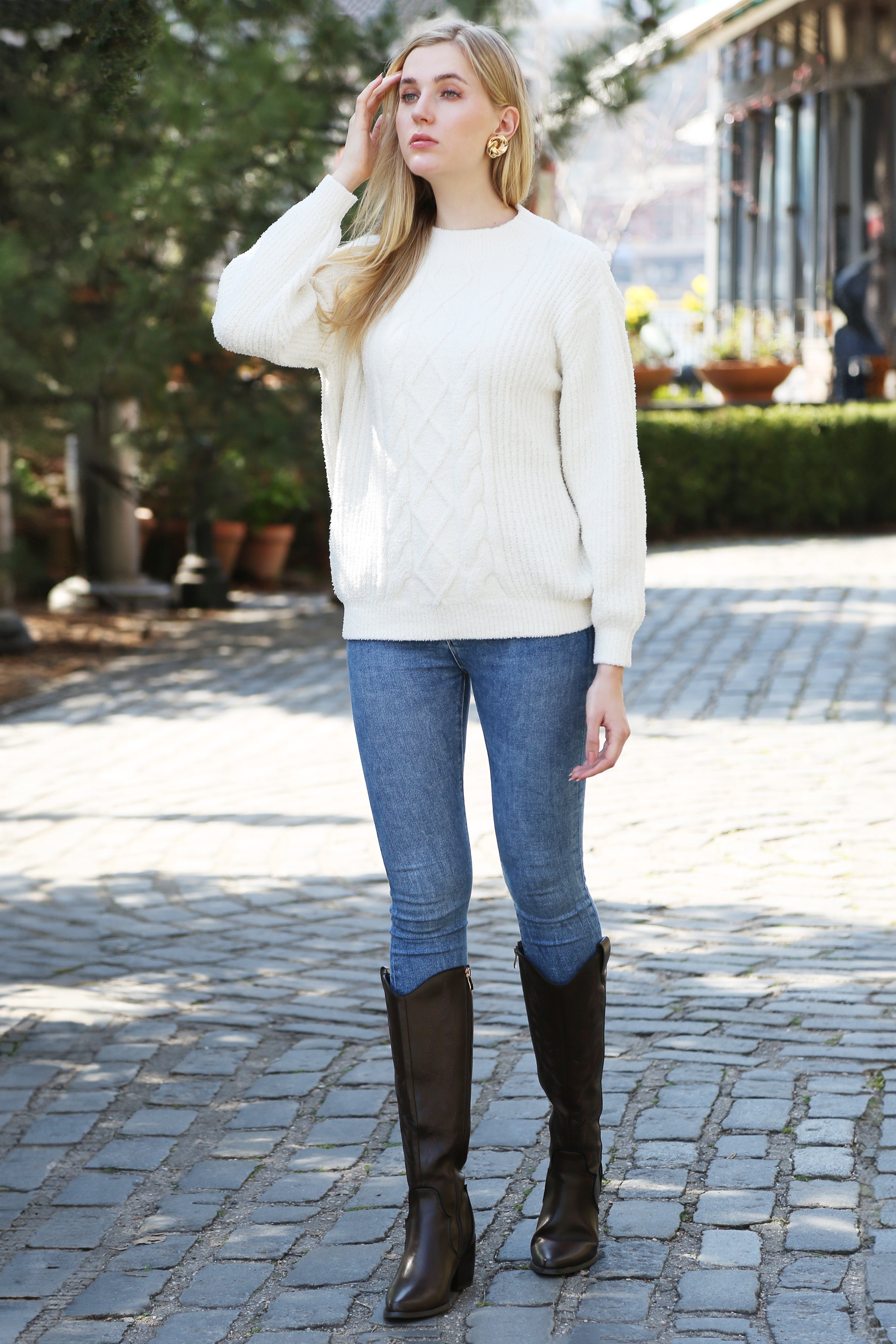 mySundaze Solid Cable Knit Ribbed Microfiber Sweater
