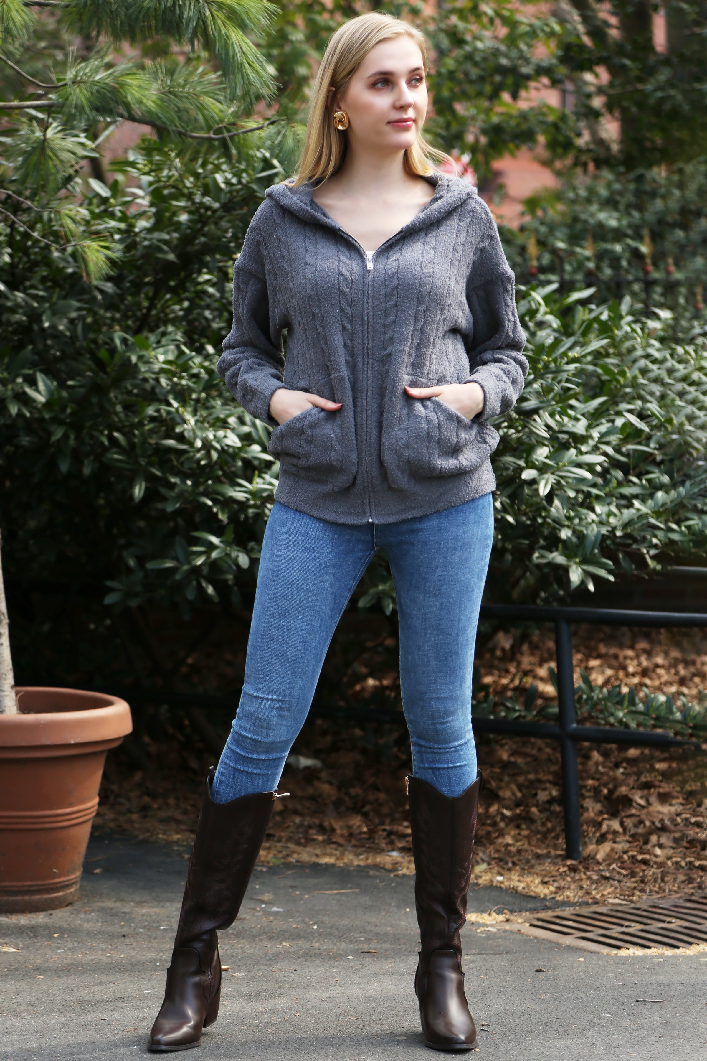 mySundaze Solid Cable Knit Ribbed Microfiber Hooded Sweater with Zip Closure
