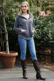 mySundaze Solid Cable Knit Ribbed Microfiber Hooded Sweater with Zip Closure