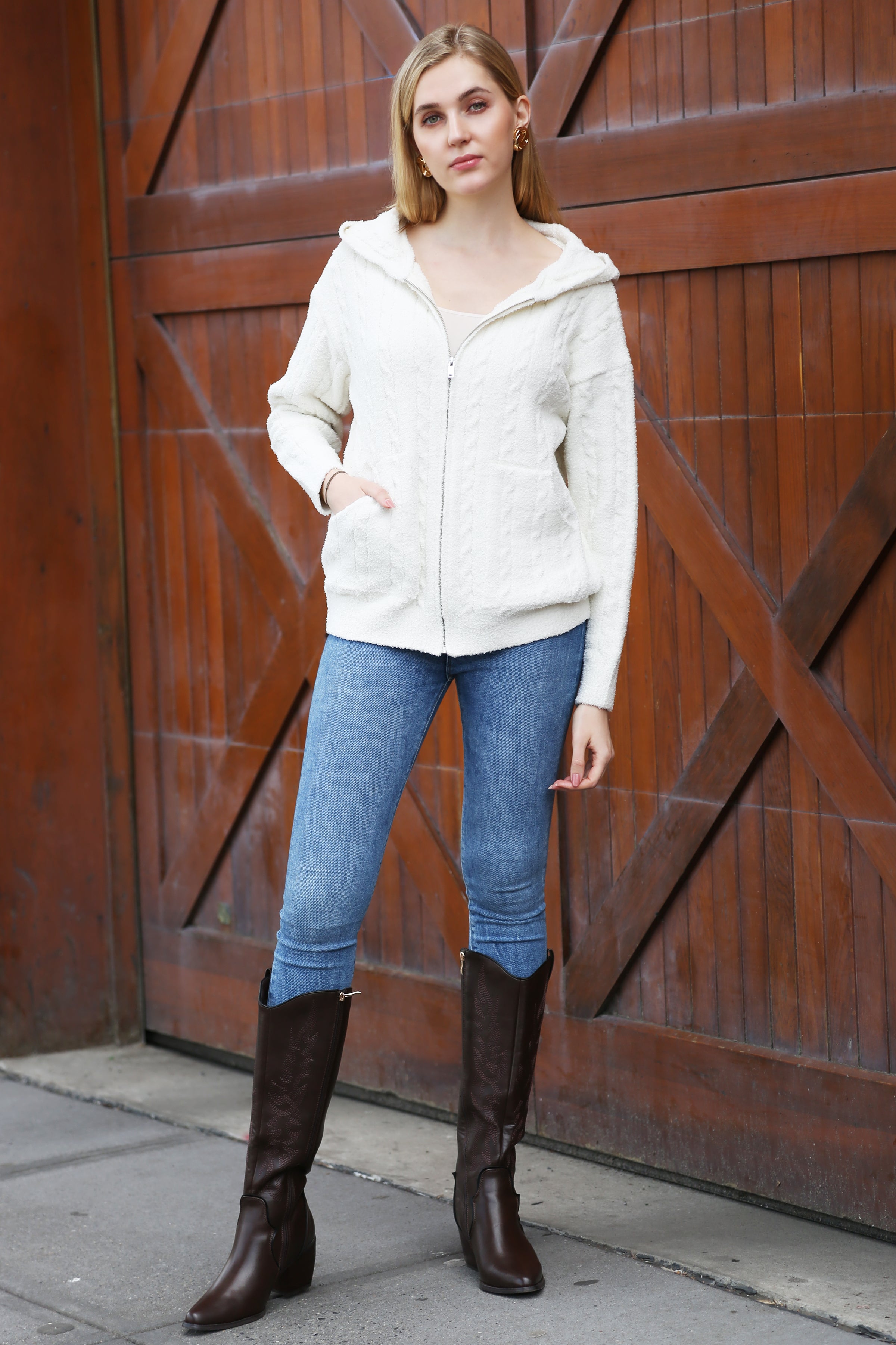 mySundaze Solid Cable Knit Ribbed Microfiber Hooded Sweater with Zip Closure