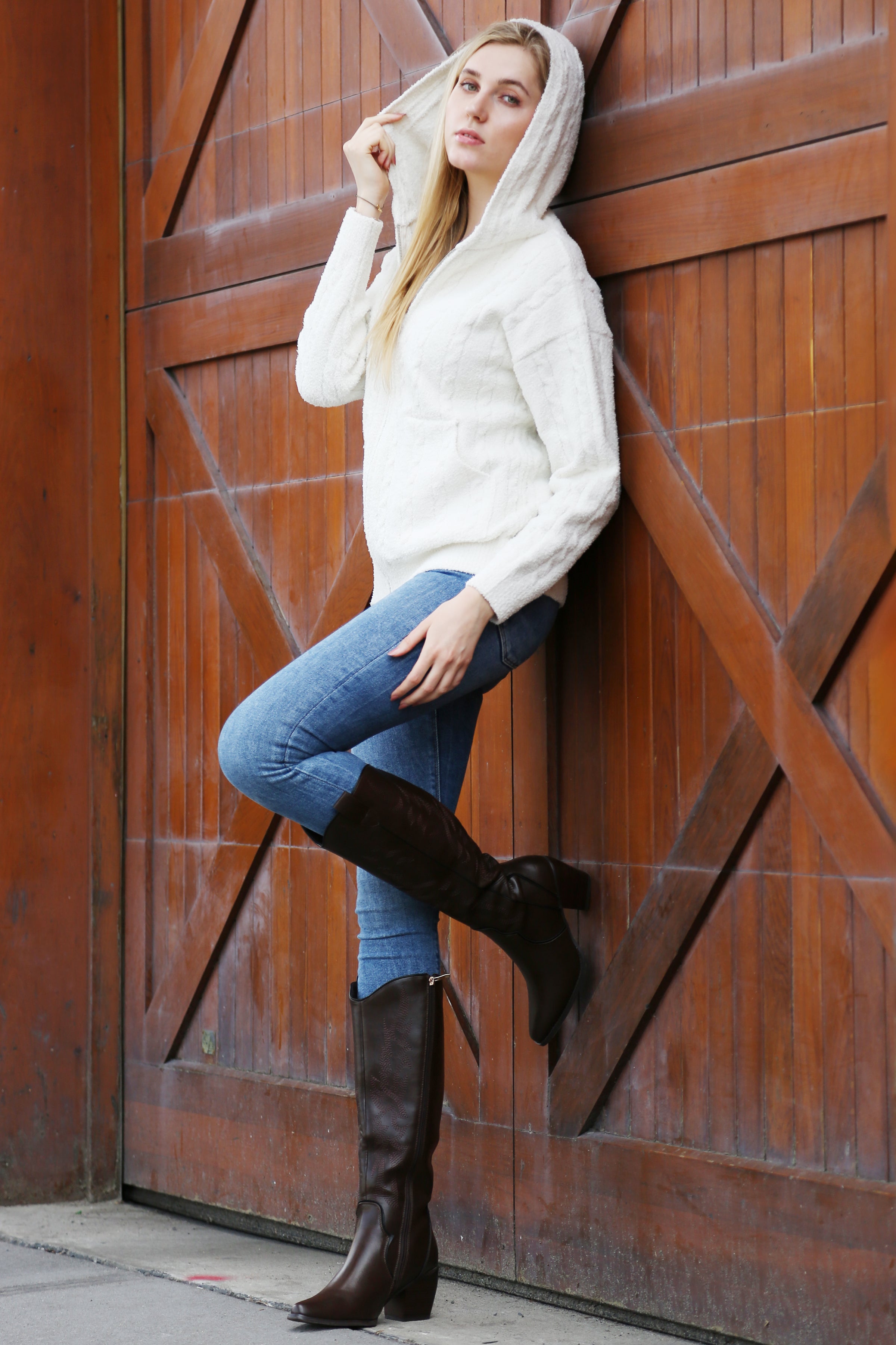 mySundaze Solid Cable Knit Ribbed Microfiber Hooded Sweater with Zip Closure