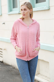 mySundaze Solid Cable Knit Ribbed Microfiber Hooded Sweater with Zip Closure
