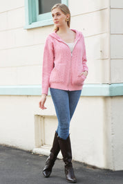 mySundaze Solid Cable Knit Ribbed Microfiber Hooded Sweater with Zip Closure