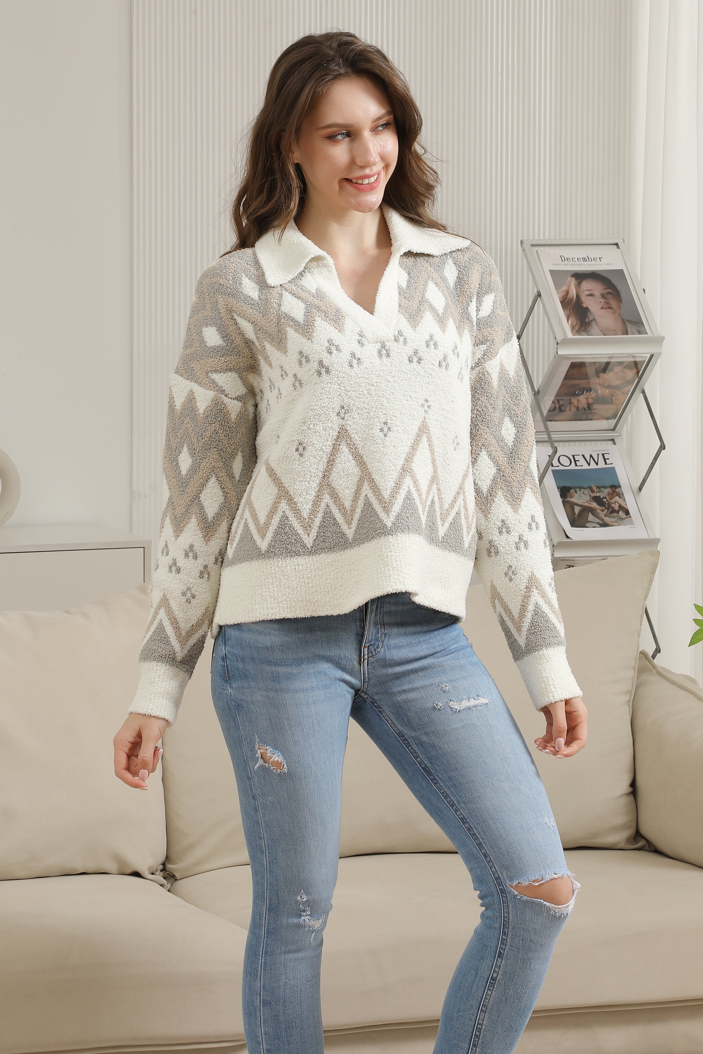 mySundaze Tribal Microfiber Collared Sweater Fast Delivery