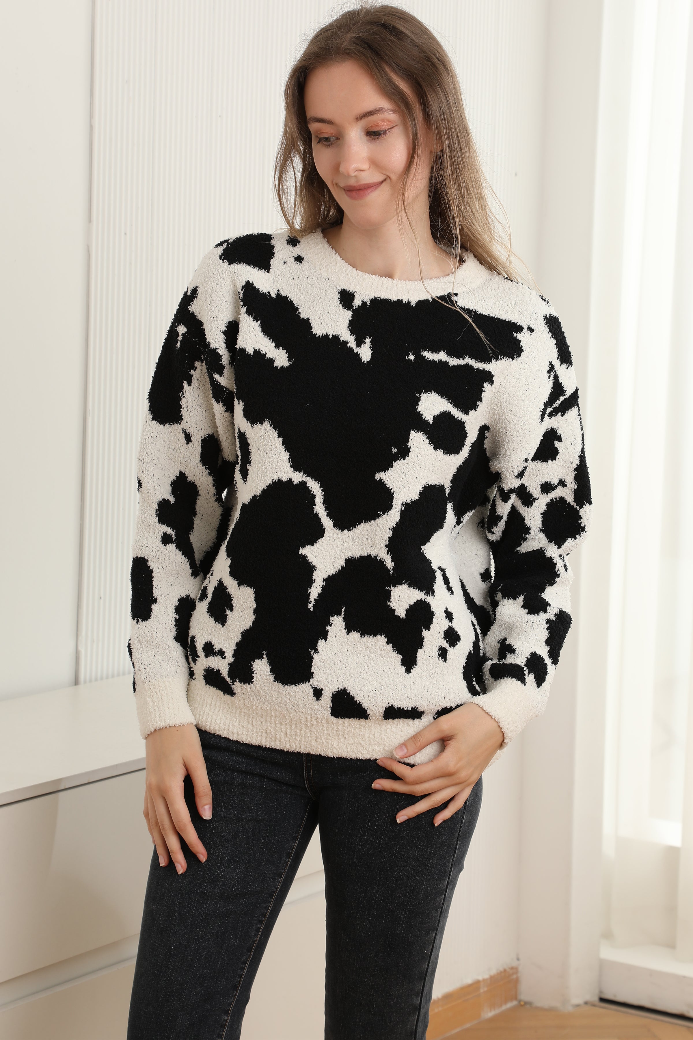 mySundaze Cow Print Microfiber Sweater