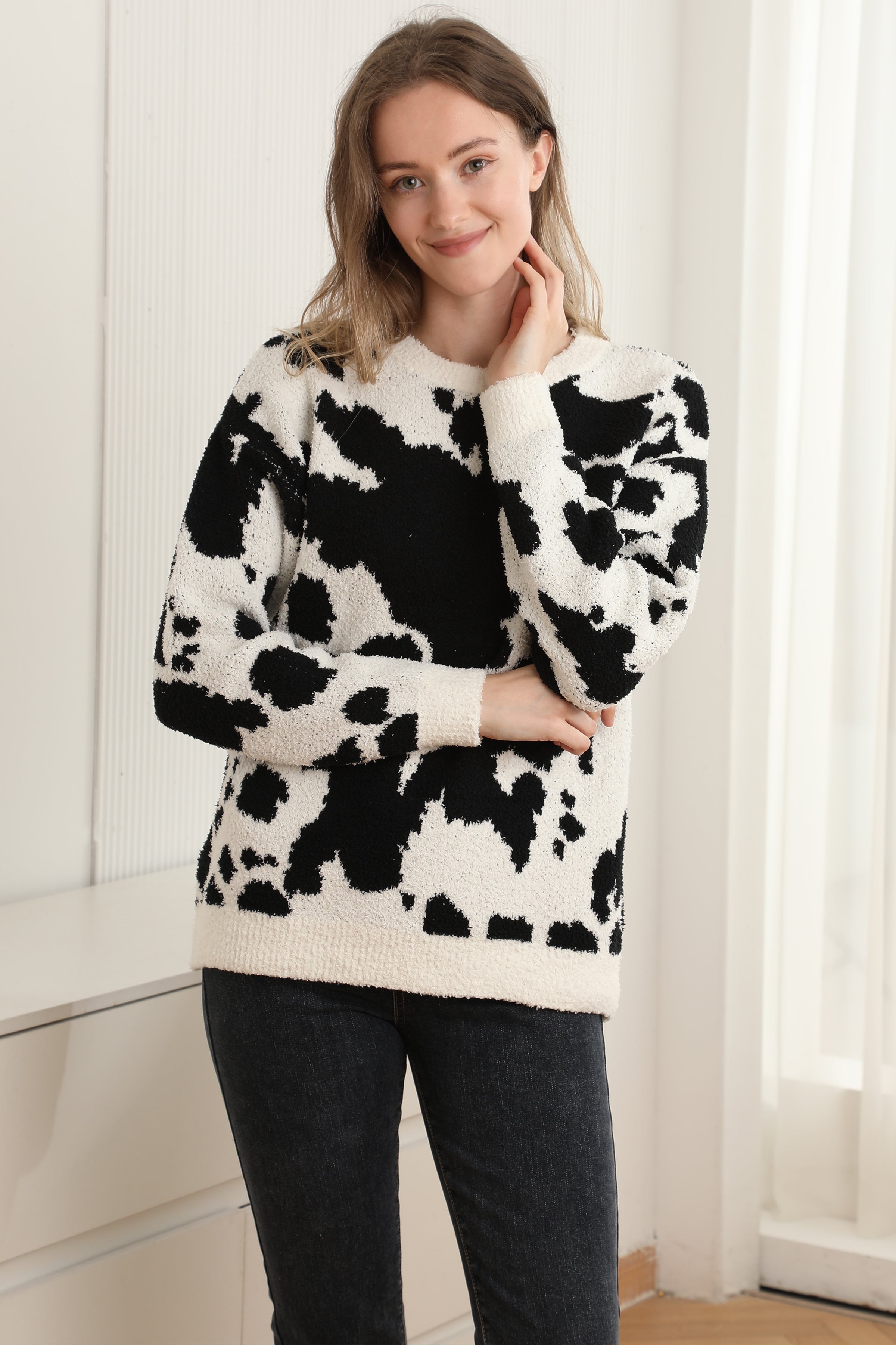 mySundaze Cow Print Microfiber Sweater