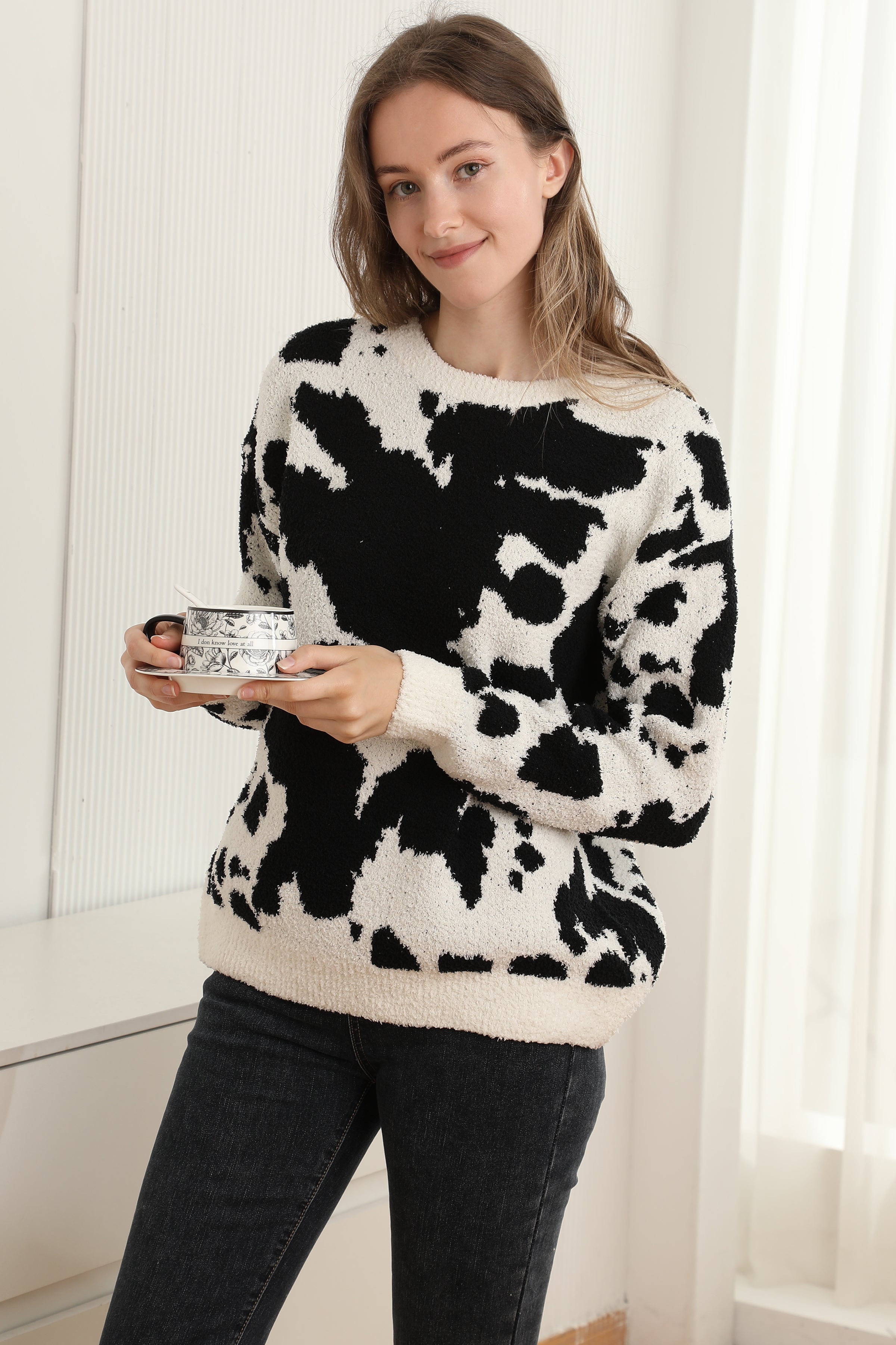 mySundaze Cow Print Microfiber Sweater