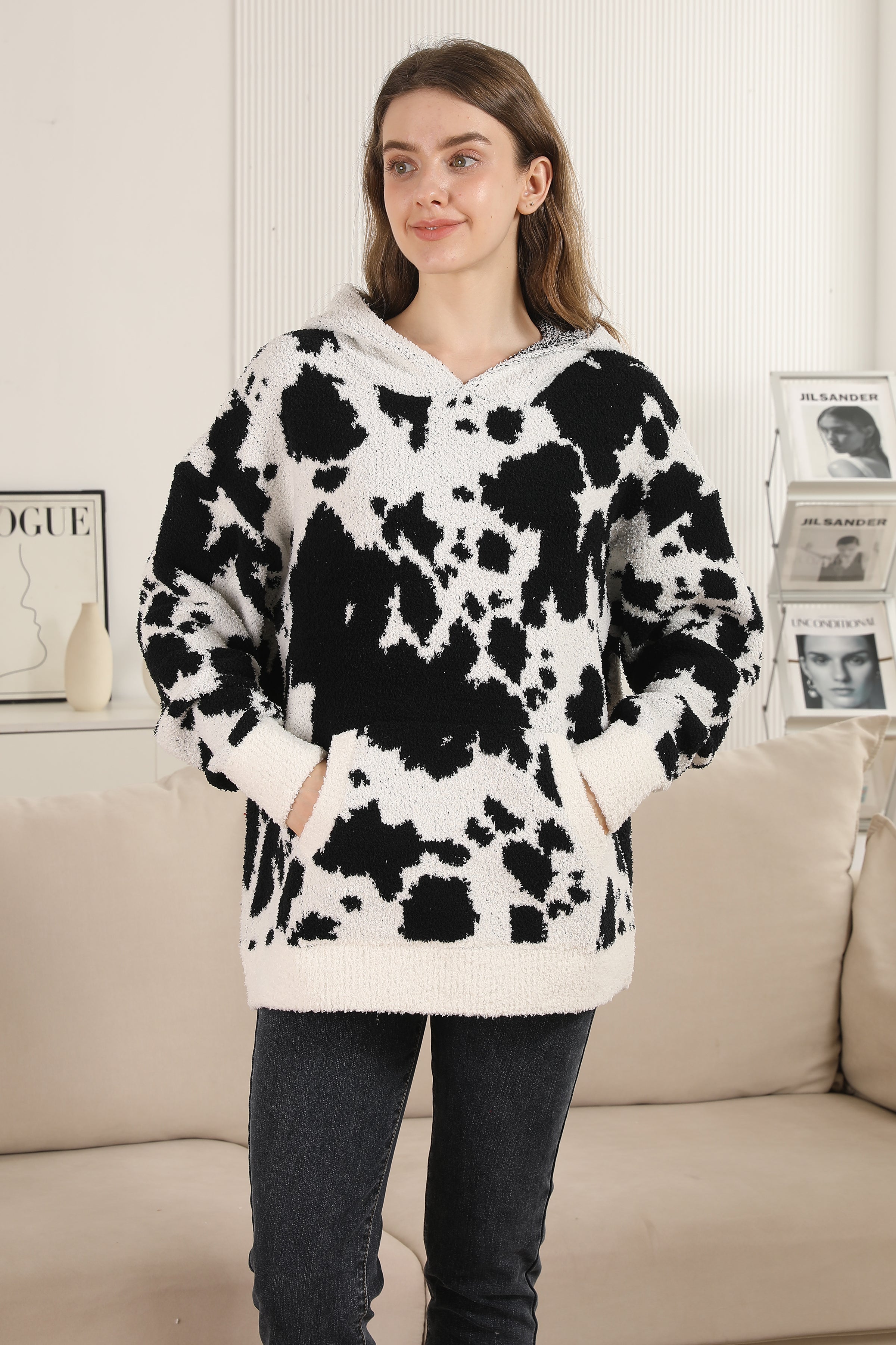 mySundaze Cow Print Microfiber Hooded Sweater