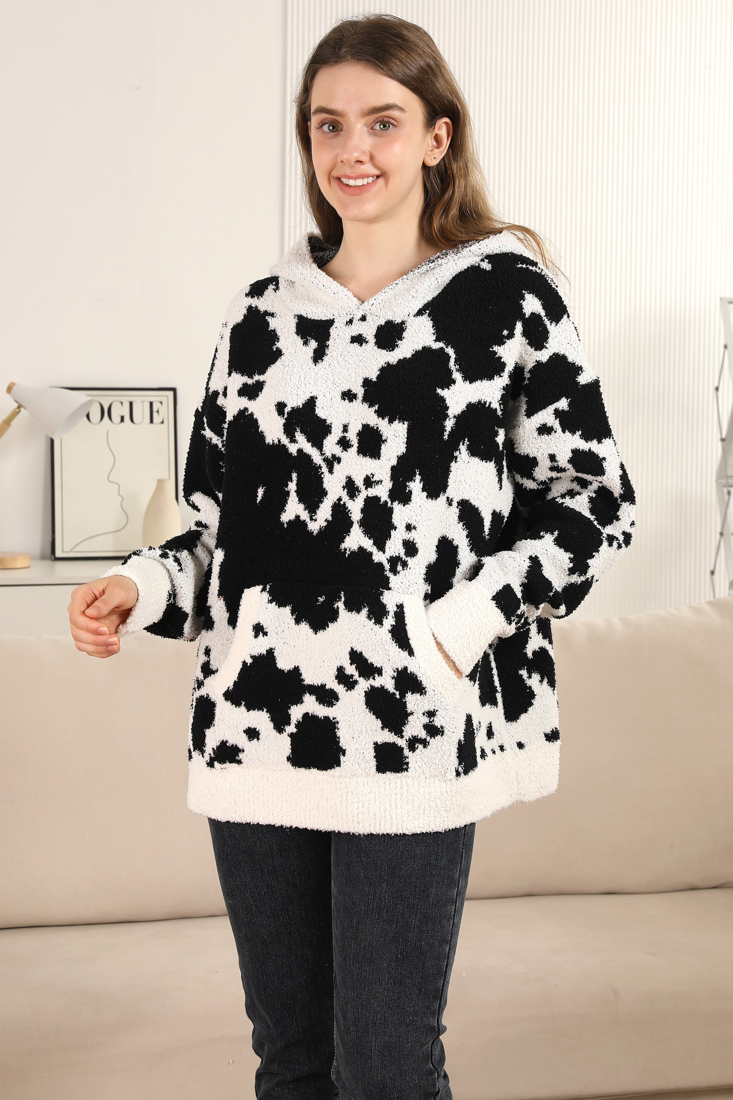 mySundaze Cow Print Microfiber Hooded Sweater