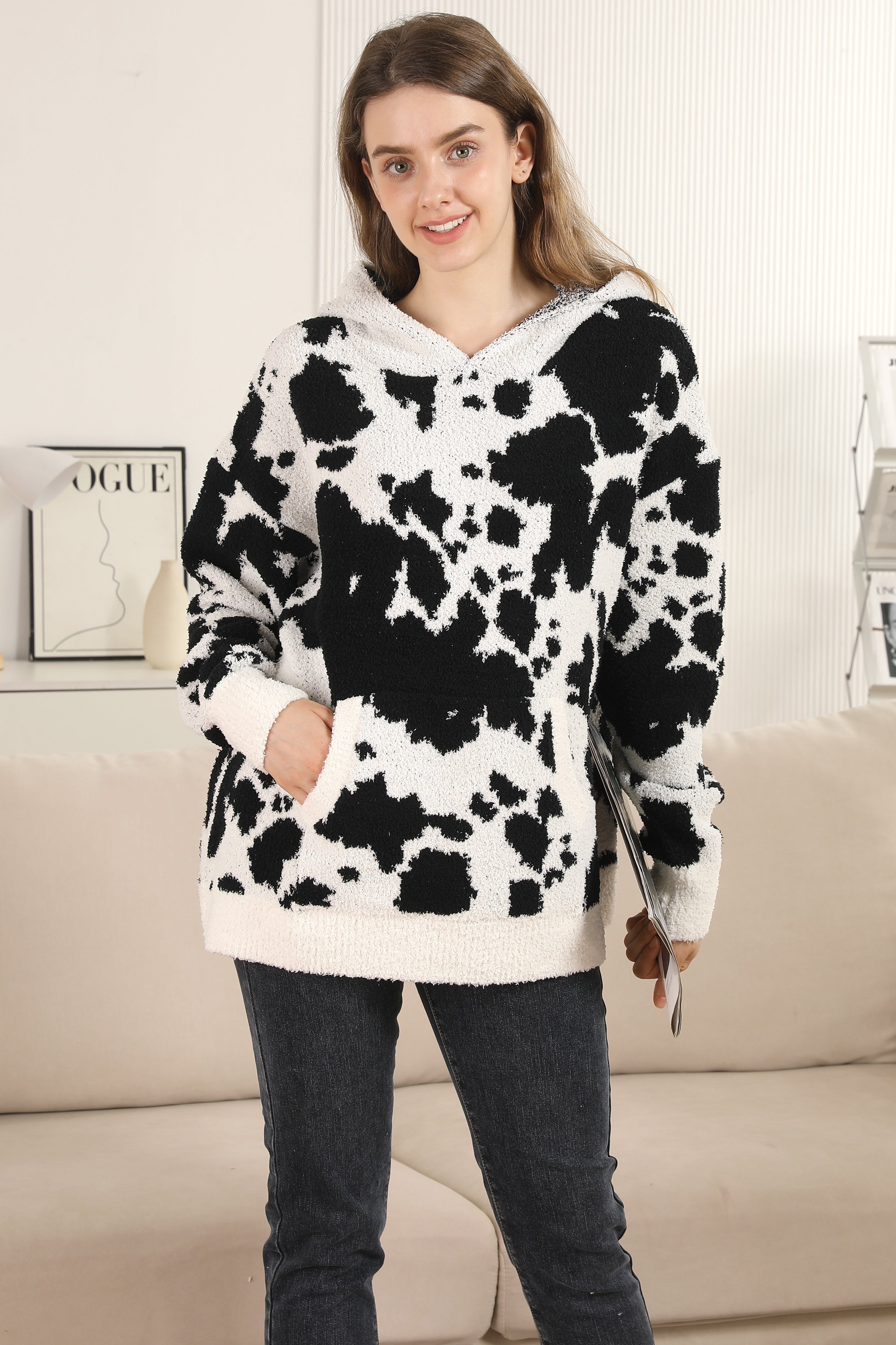 mySundaze Cow Print Microfiber Hooded Sweater