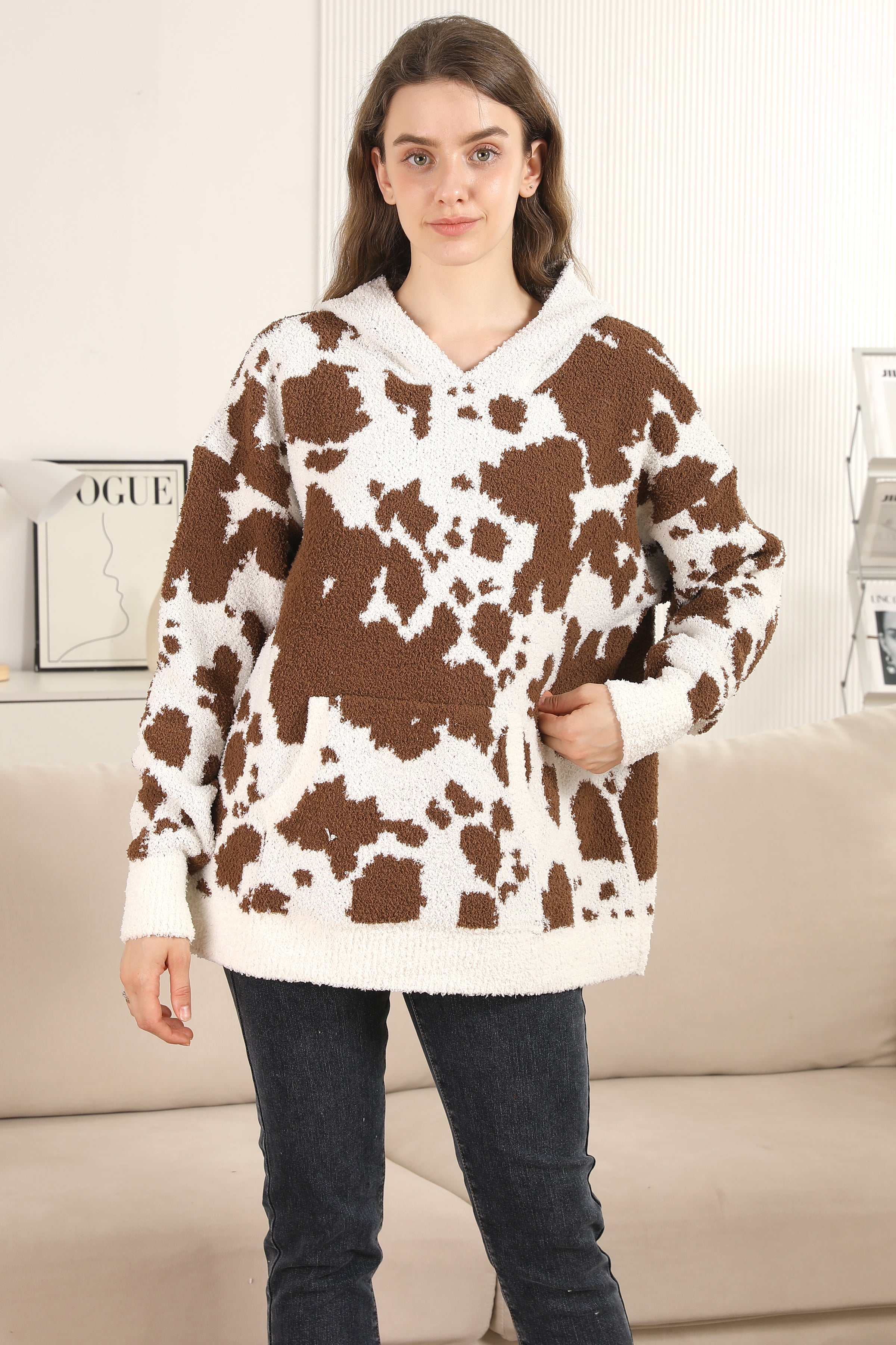 mySundaze Cow Print Microfiber Hooded Sweater