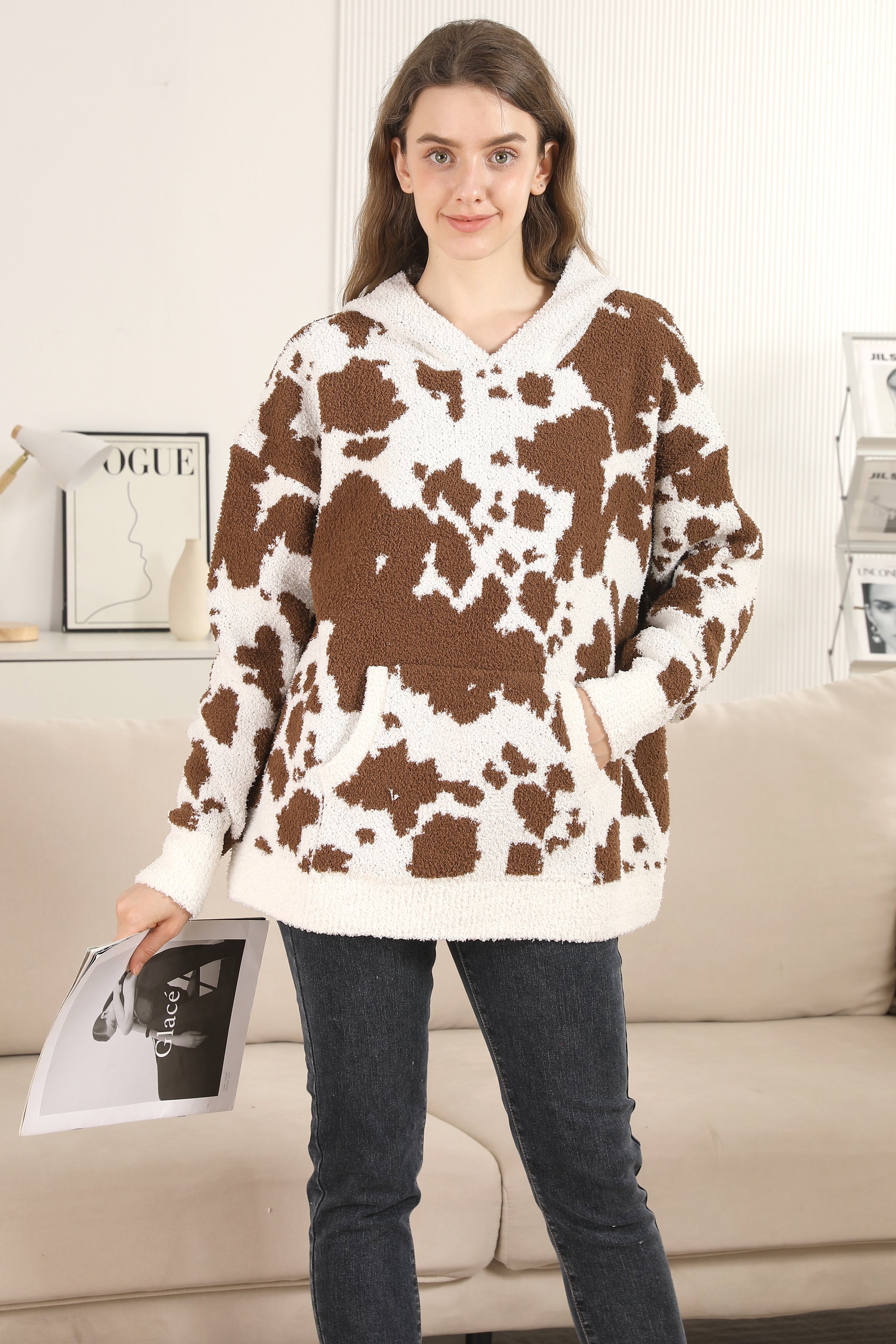 mySundaze Cow Print Microfiber Hooded Sweater
