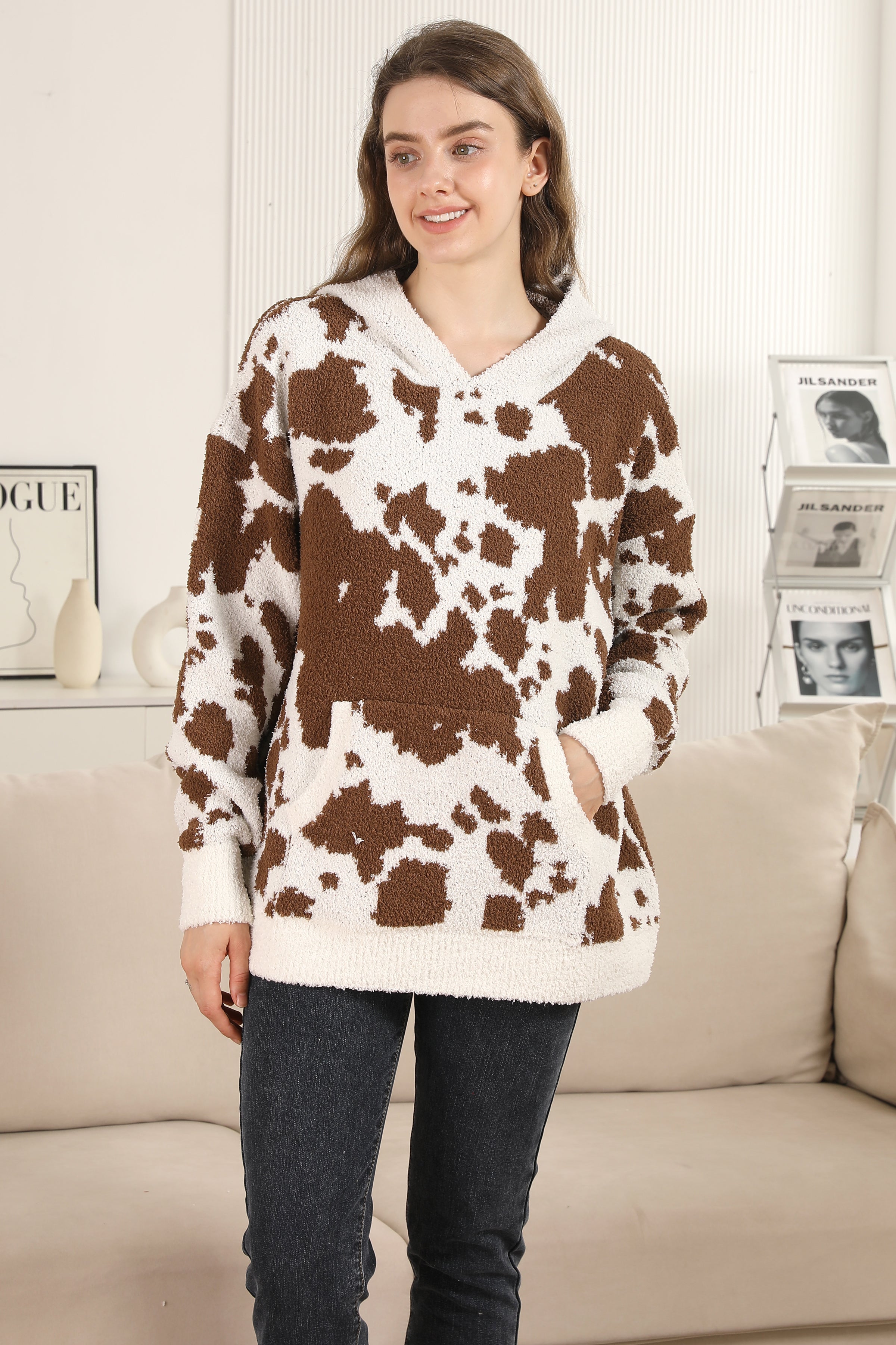 mySundaze Cow Print Microfiber Hooded Sweater