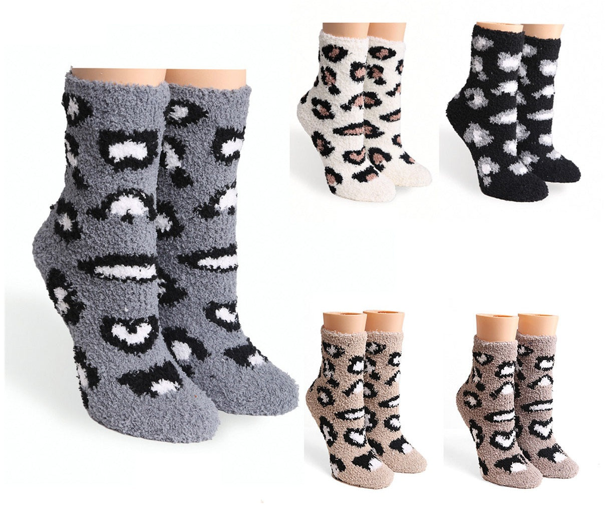 mySundaze Leopard Fuzzy Mini Crew Socks Set of 6 Pairs