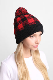 mySundaze Buffalo Check Microfiber Beanie Hat with Pom