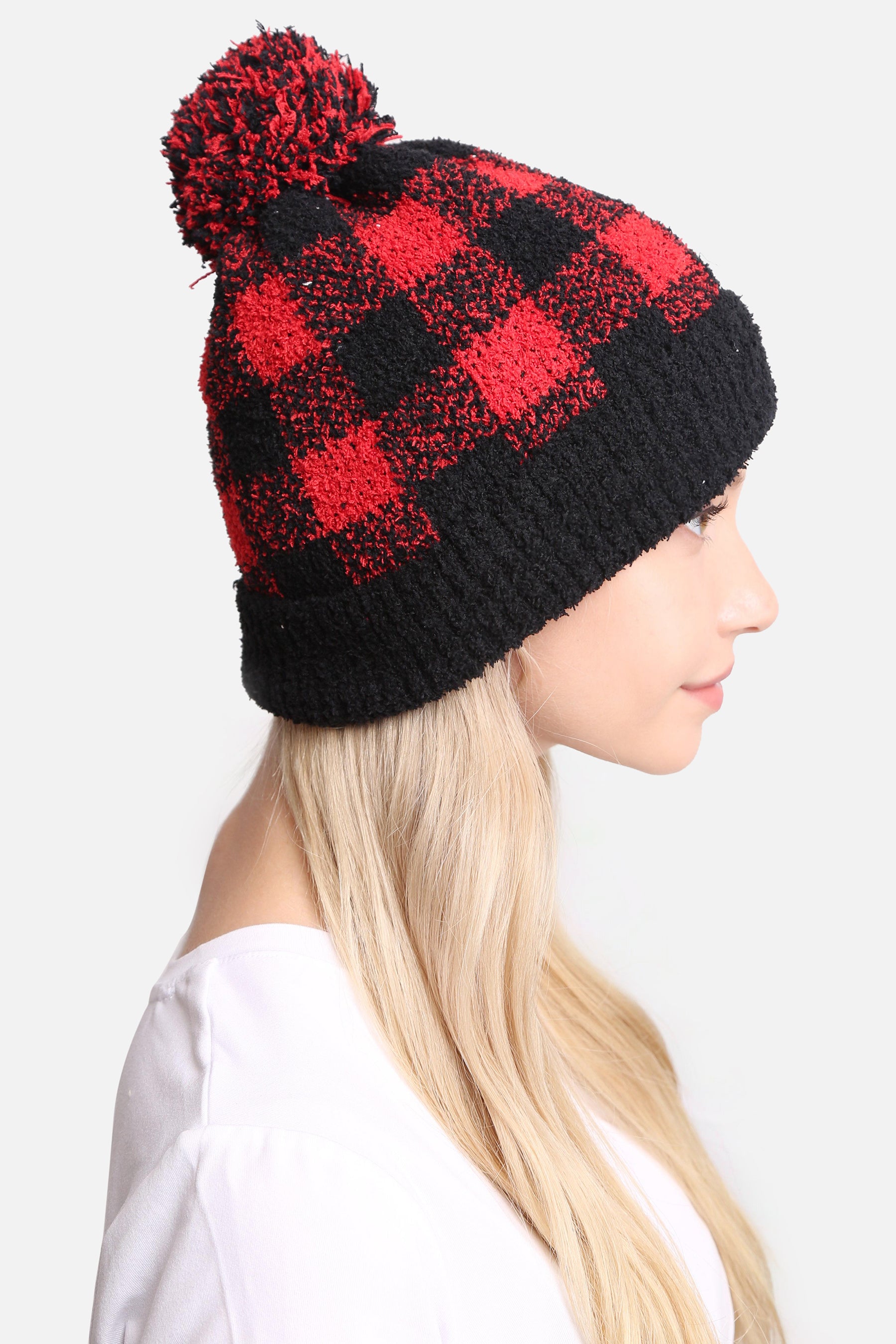 mySundaze Buffalo Check Microfiber Beanie Hat with Pom