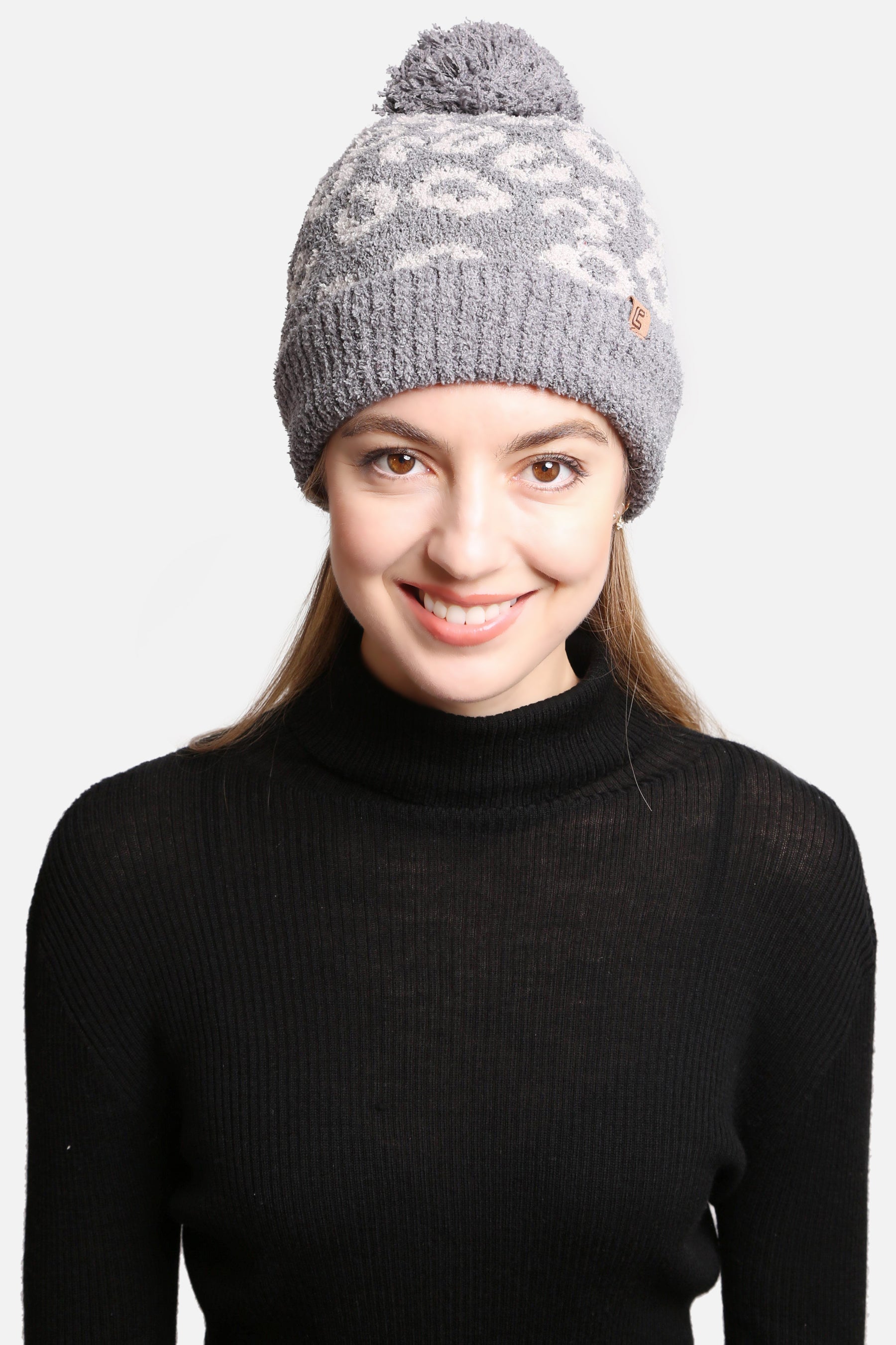 mySundaze Leopard Microfiber Beanie Hat with Pom and Sherpa Lining