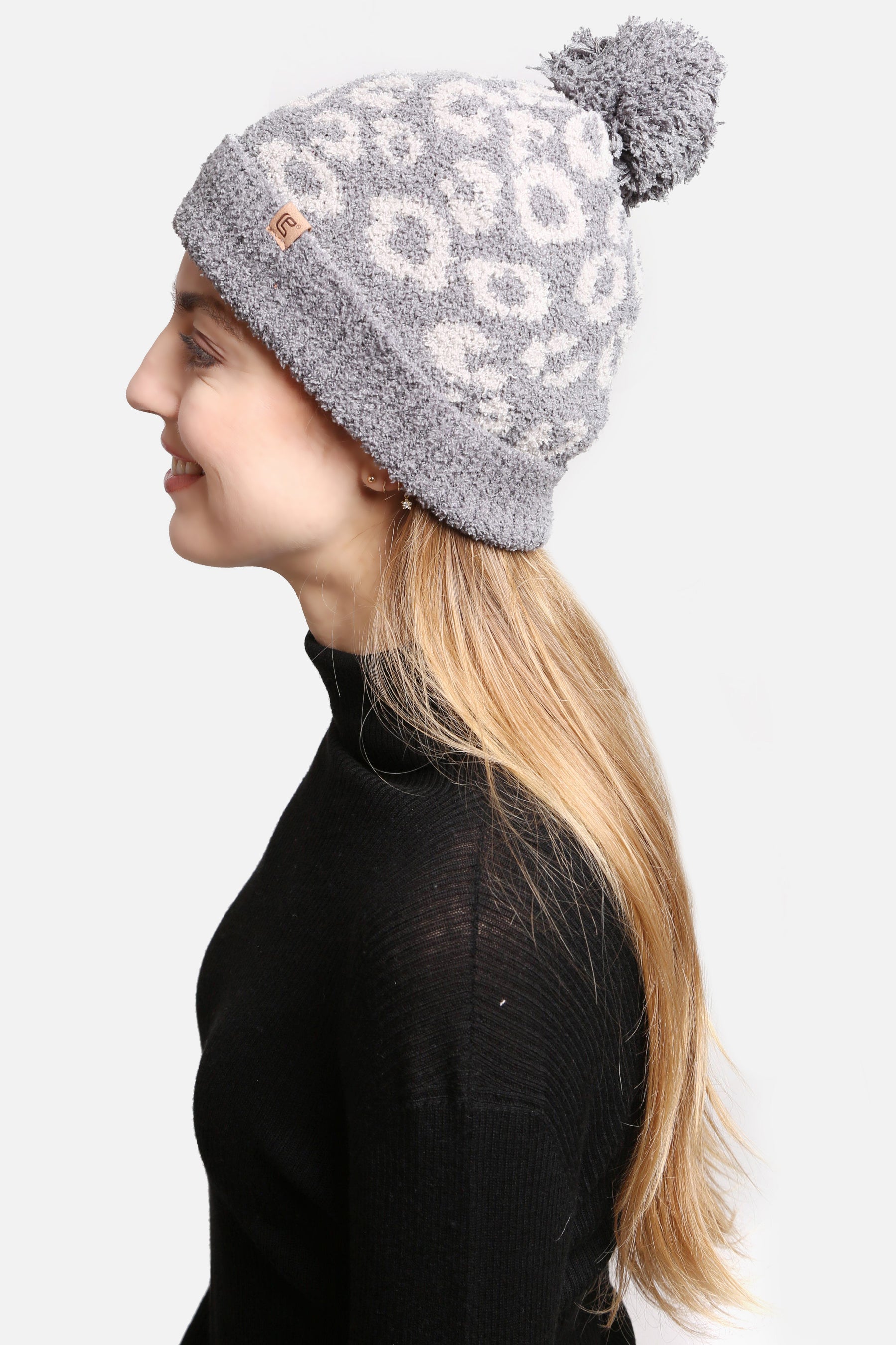 mySundaze Leopard Microfiber Beanie Hat with Pom and Sherpa Lining