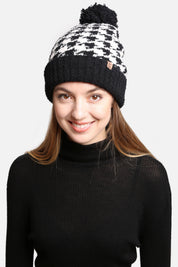mySundaze Houndstooth Microfiber Beanie Hat with Pom and Sherpa Lining