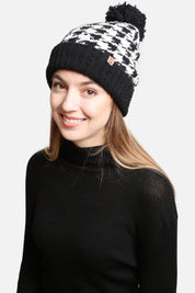 mySundaze Houndstooth Microfiber Beanie Hat with Pom and Sherpa Lining