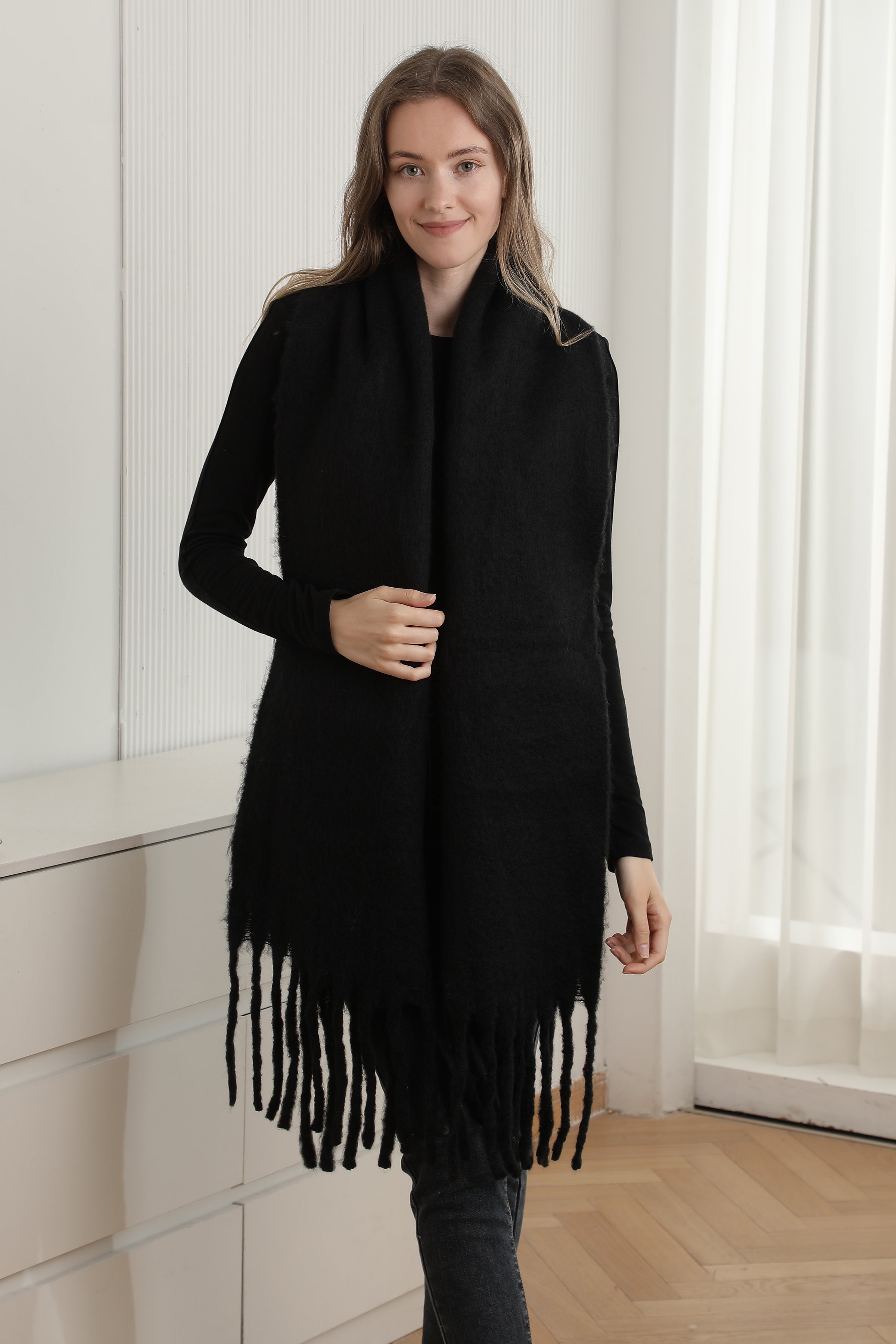 mySundaze Fuzzy Solid Oblong Scarf w/ Fringe