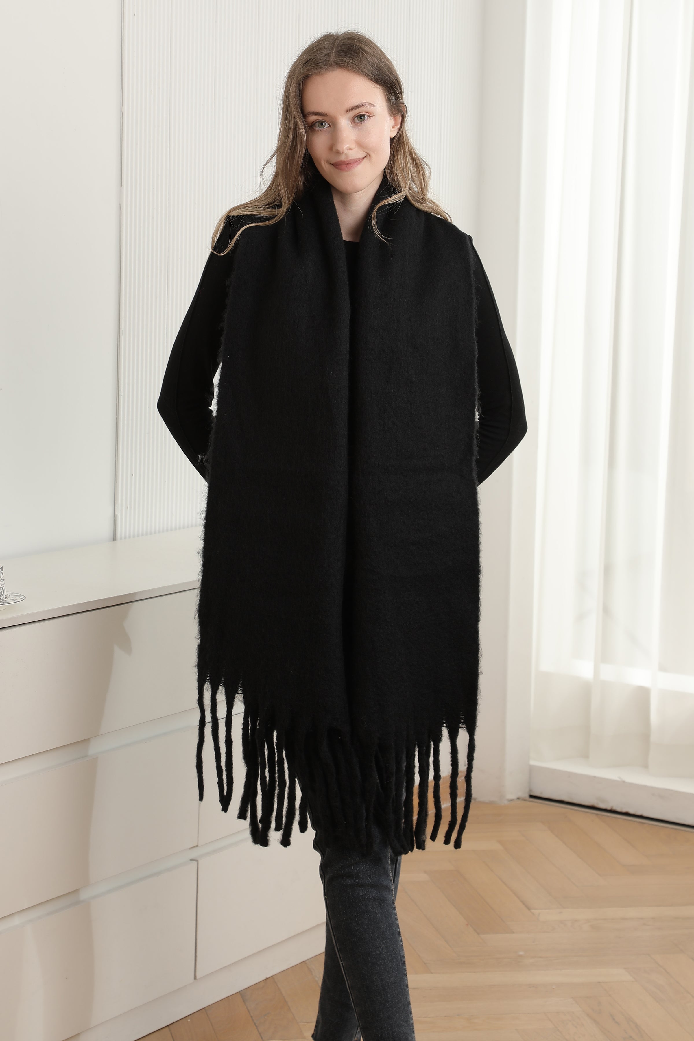 mySundaze Fuzzy Solid Oblong Scarf w/ Fringe