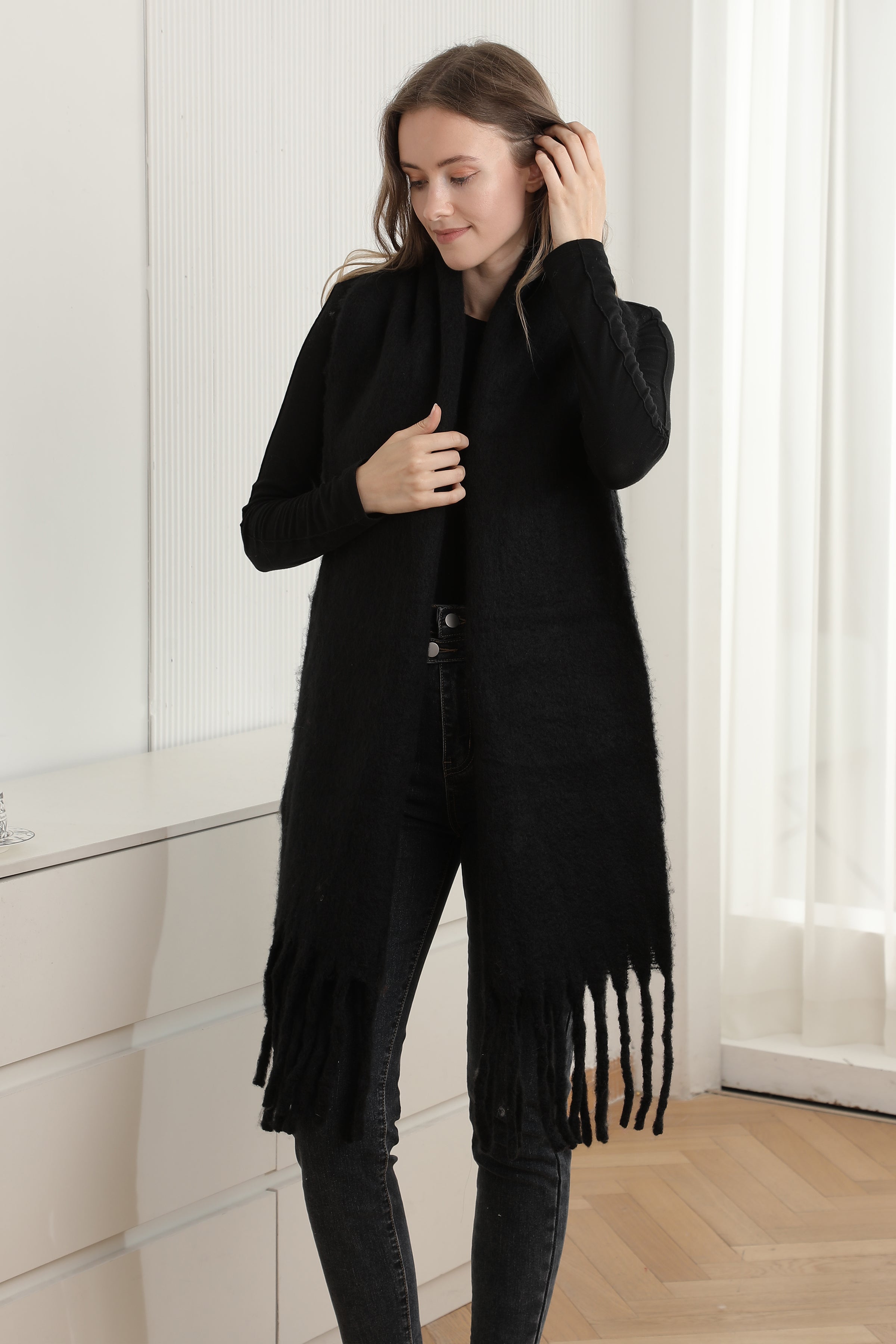 mySundaze Fuzzy Solid Oblong Scarf w/ Fringe