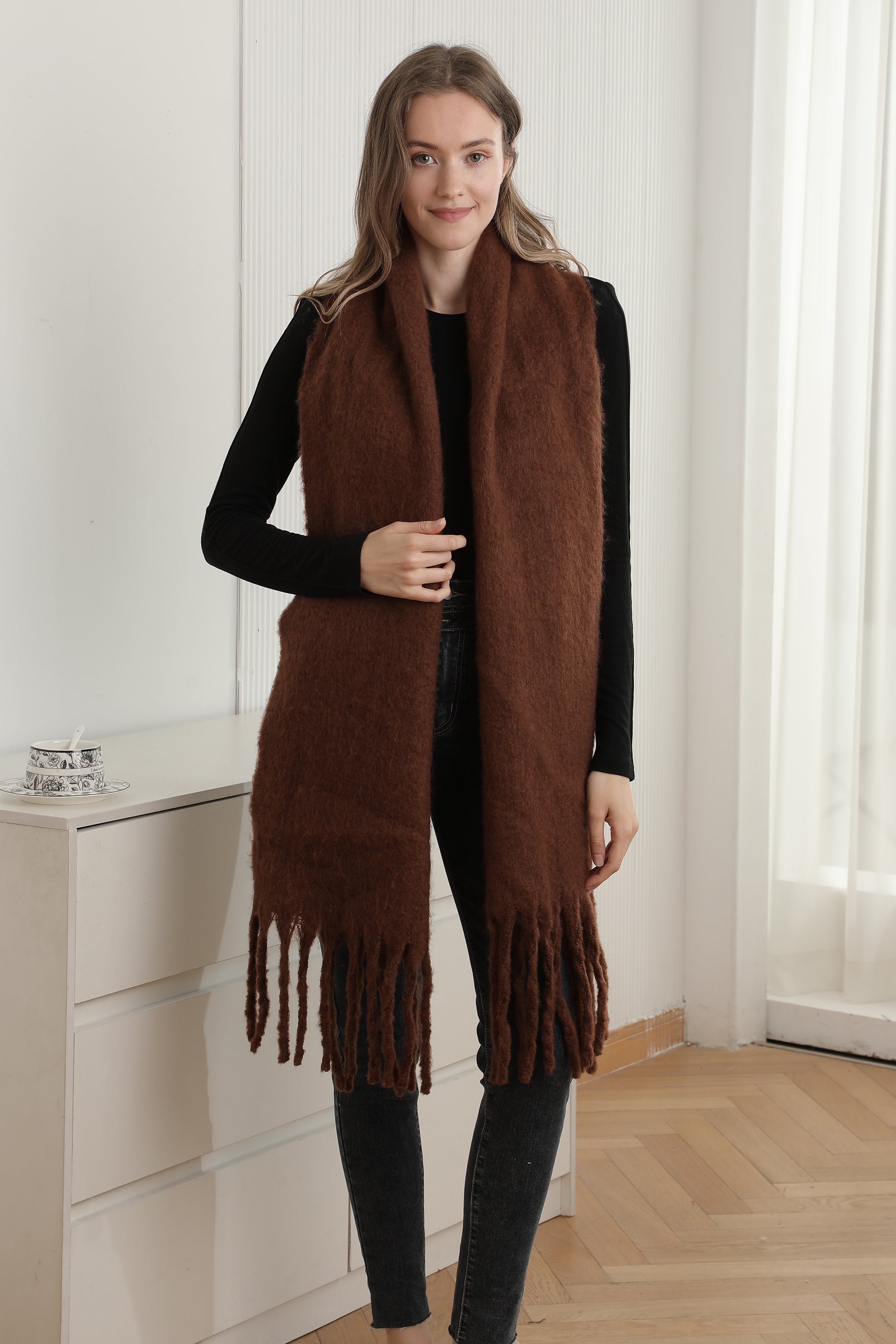 mySundaze Fuzzy Solid Oblong Scarf w/ Fringe