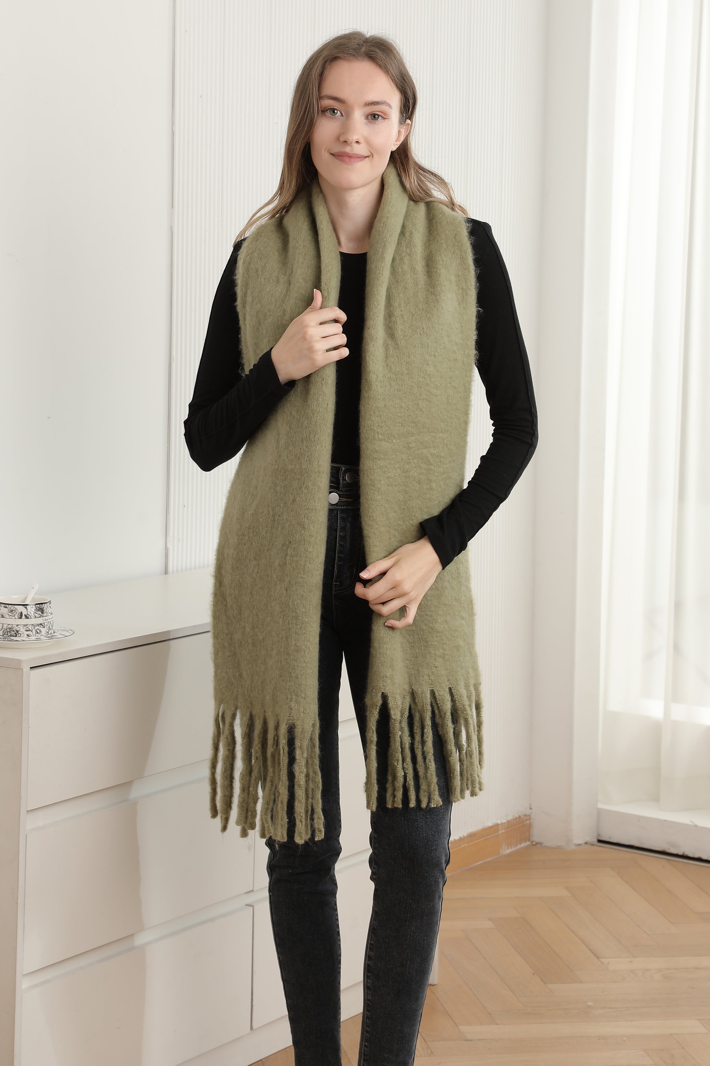 mySundaze Fuzzy Solid Oblong Scarf w/ Fringe