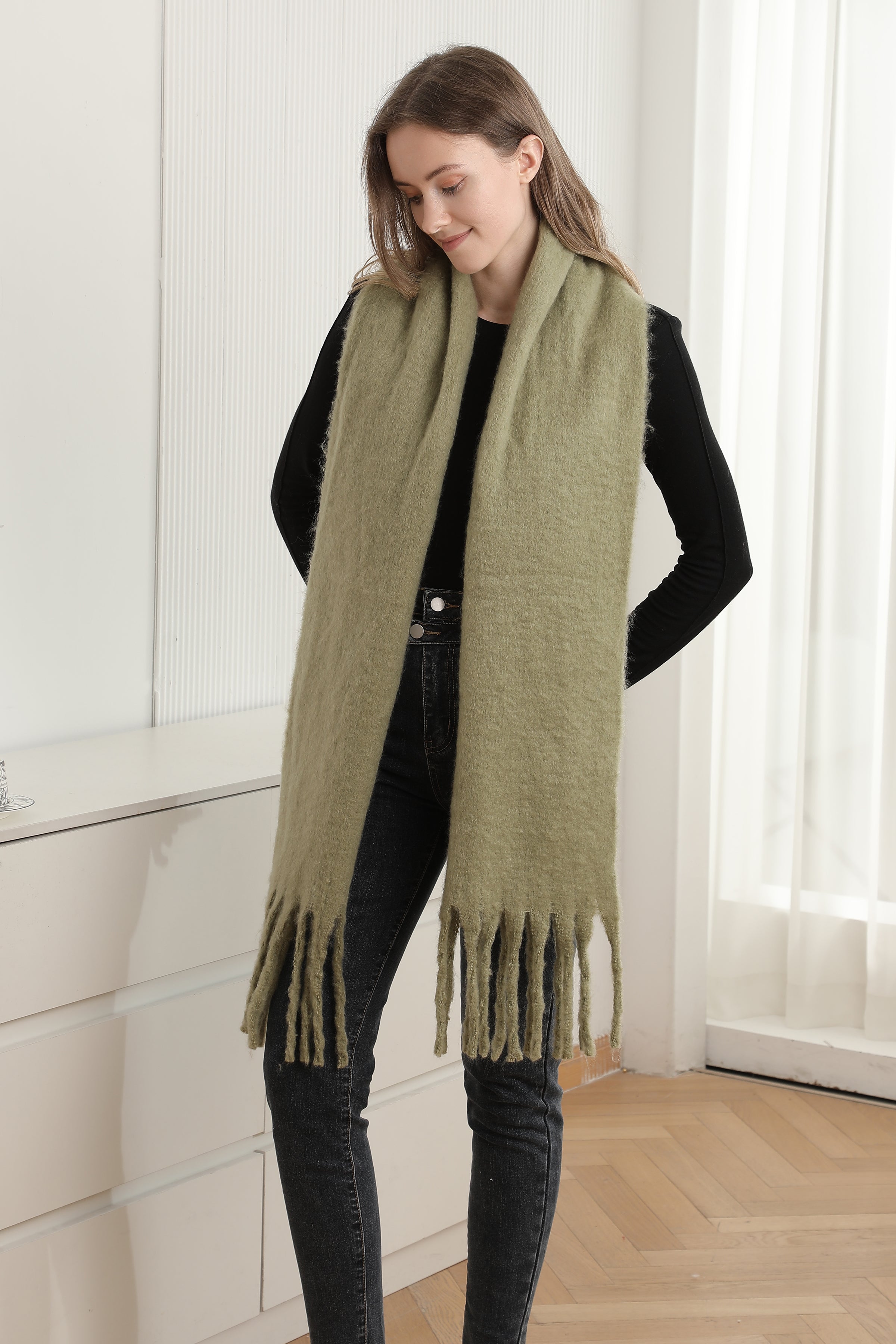 mySundaze Fuzzy Solid Oblong Scarf w/ Fringe
