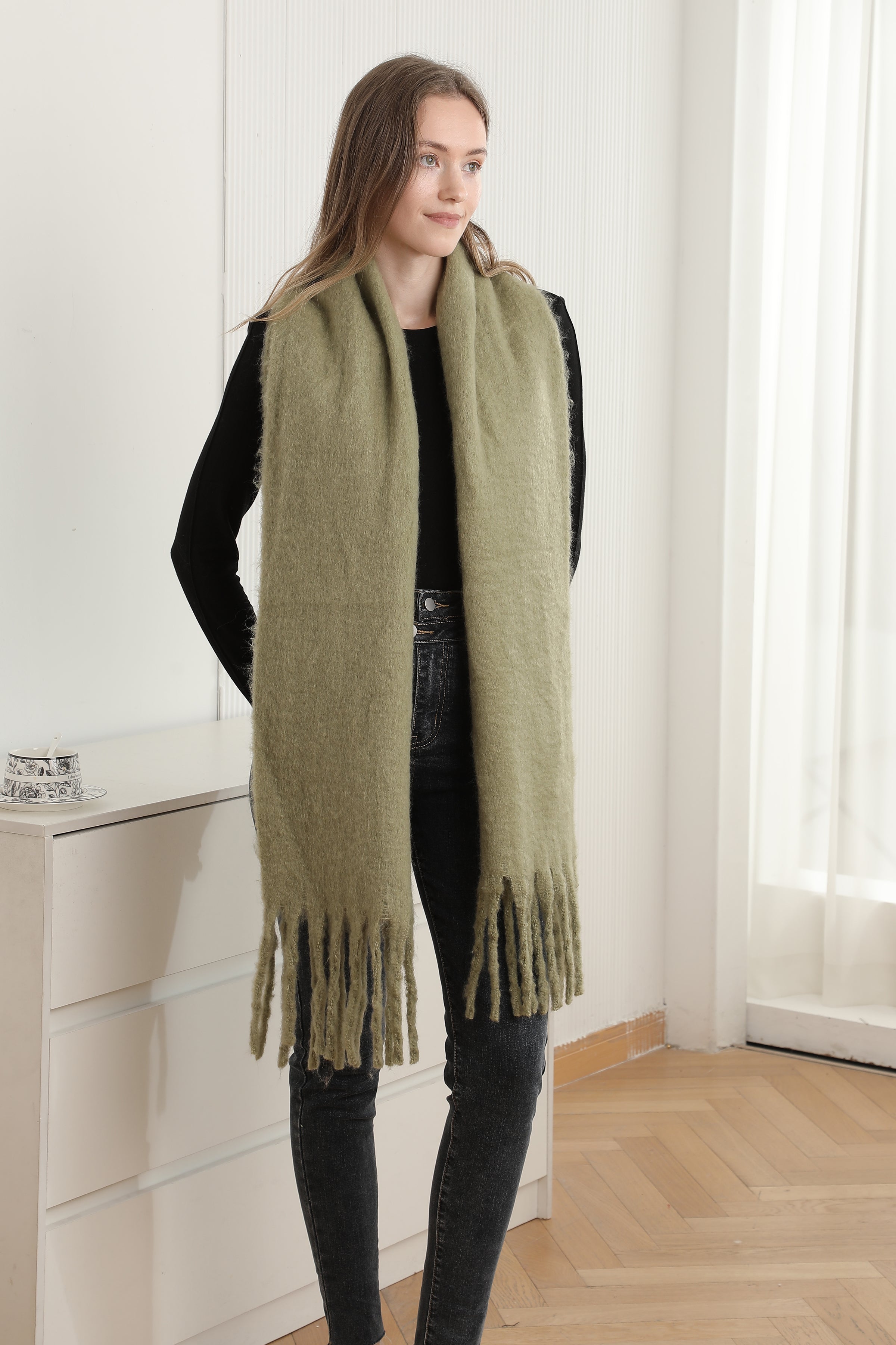 mySundaze Fuzzy Solid Oblong Scarf w/ Fringe