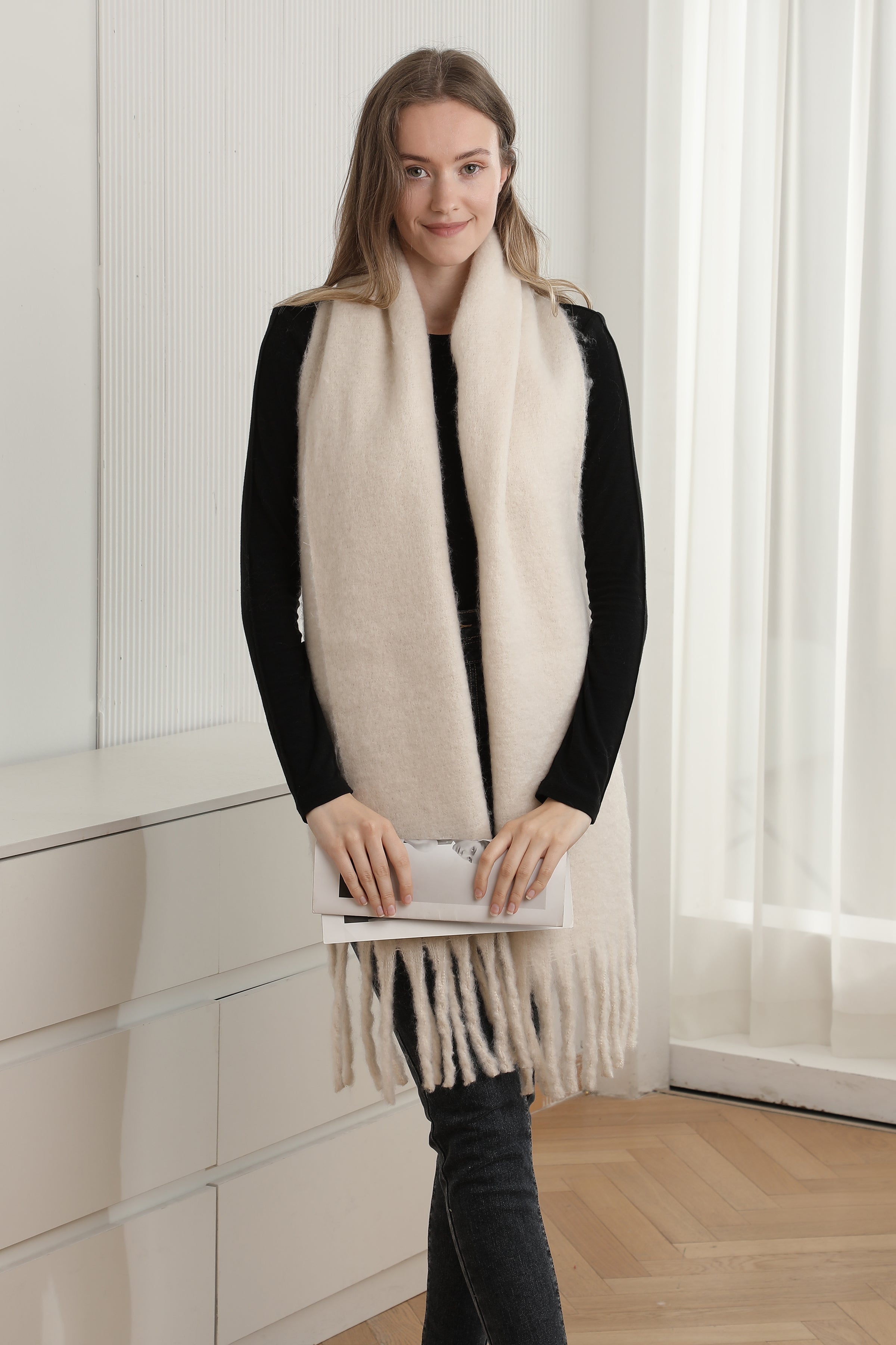 mySundaze Fuzzy Solid Oblong Scarf w/ Fringe