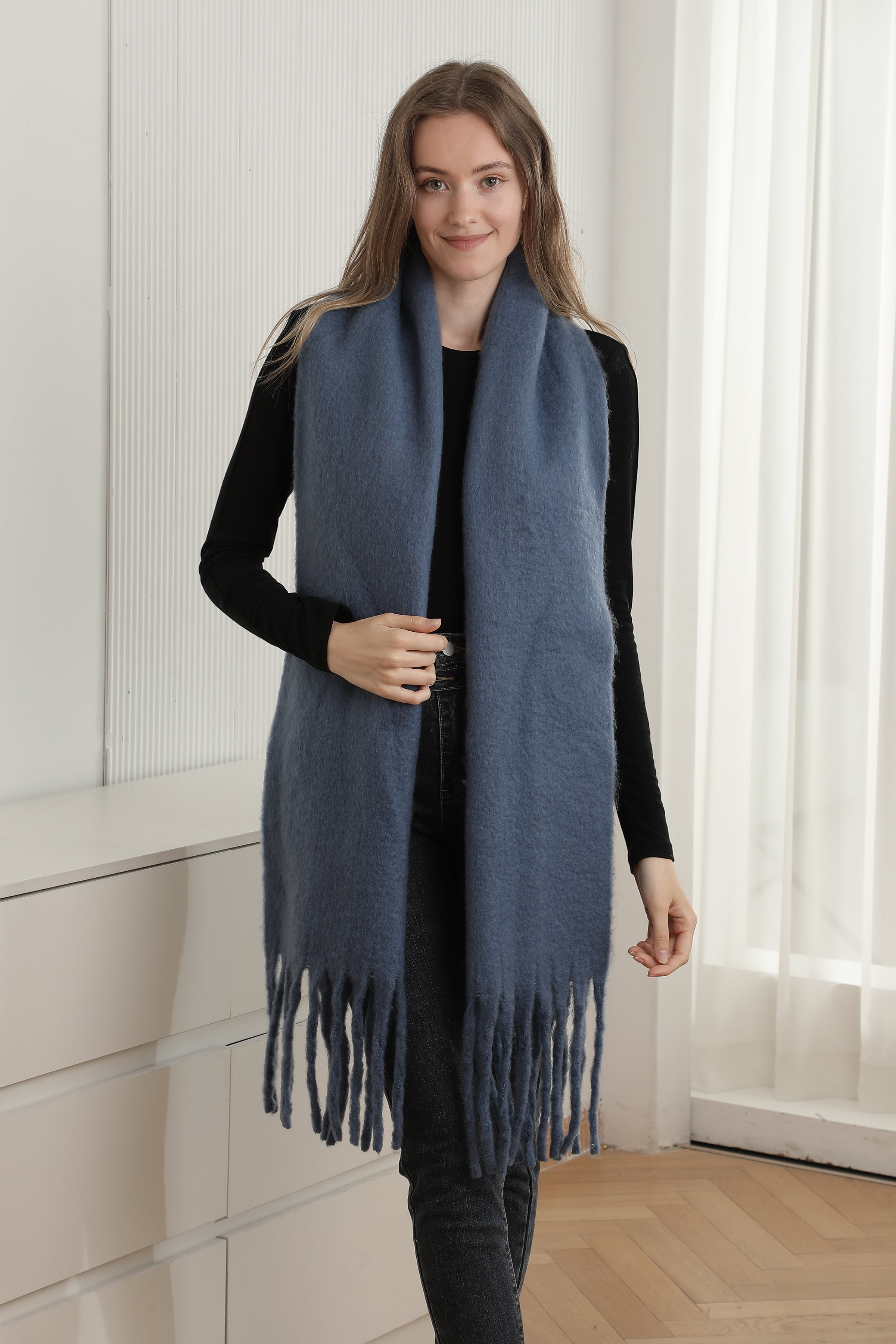 mySundaze Fuzzy Solid Oblong Scarf w/ Fringe