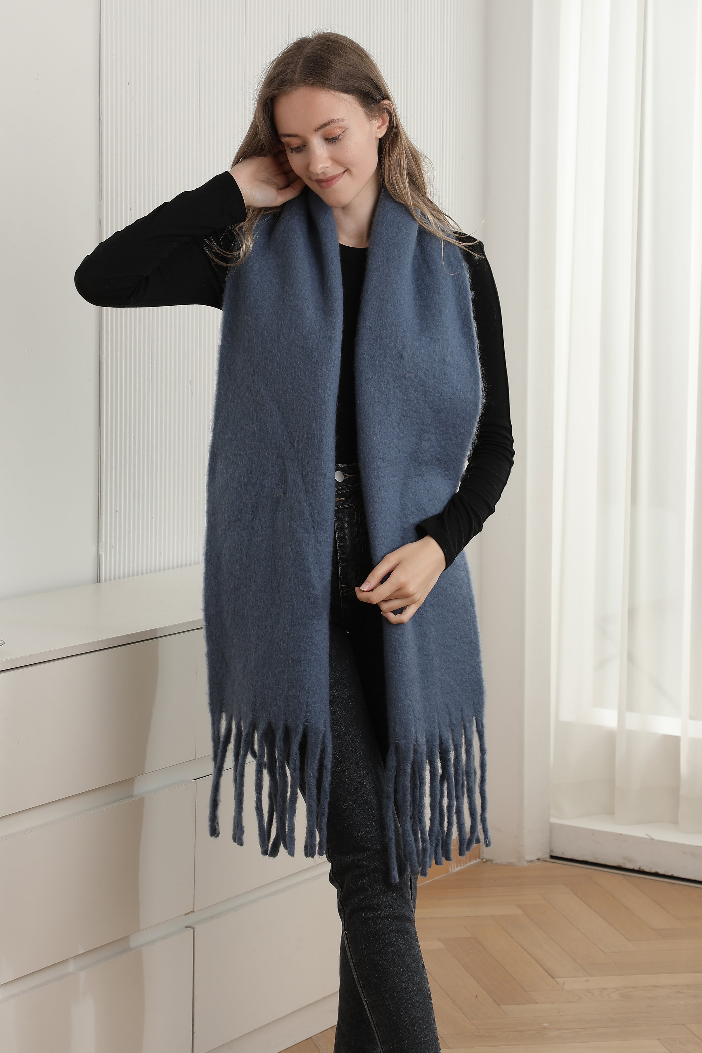 mySundaze Fuzzy Solid Oblong Scarf w/ Fringe