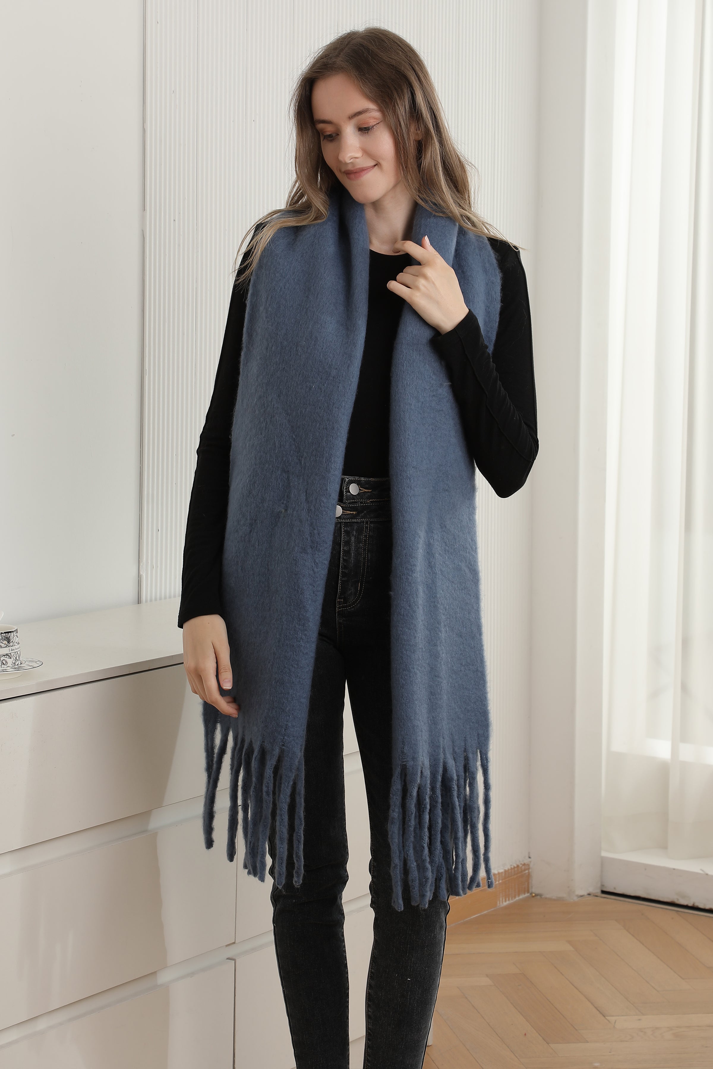 mySundaze Fuzzy Solid Oblong Scarf w/ Fringe