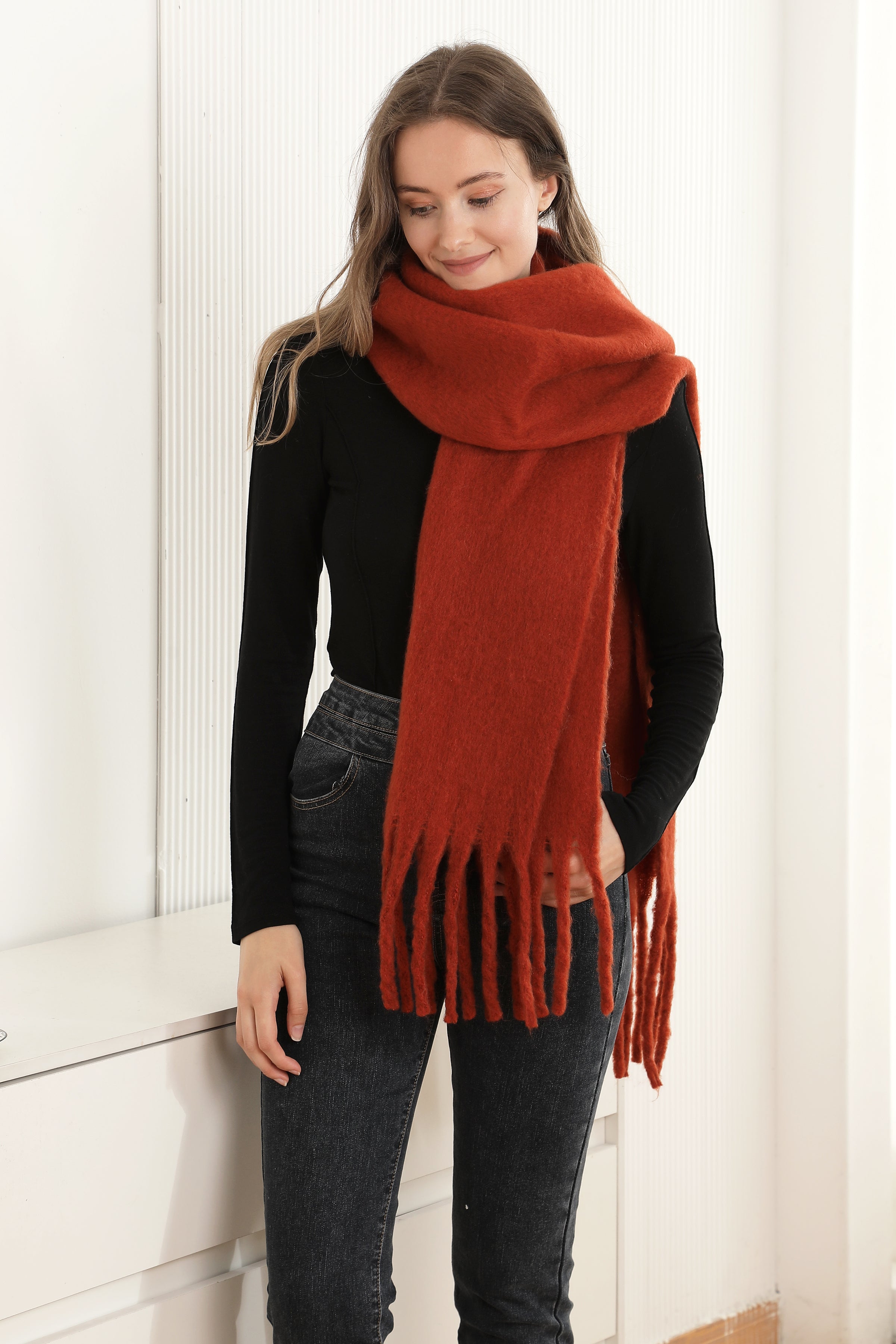 mySundaze Fuzzy Solid Oblong Scarf w/ Fringe